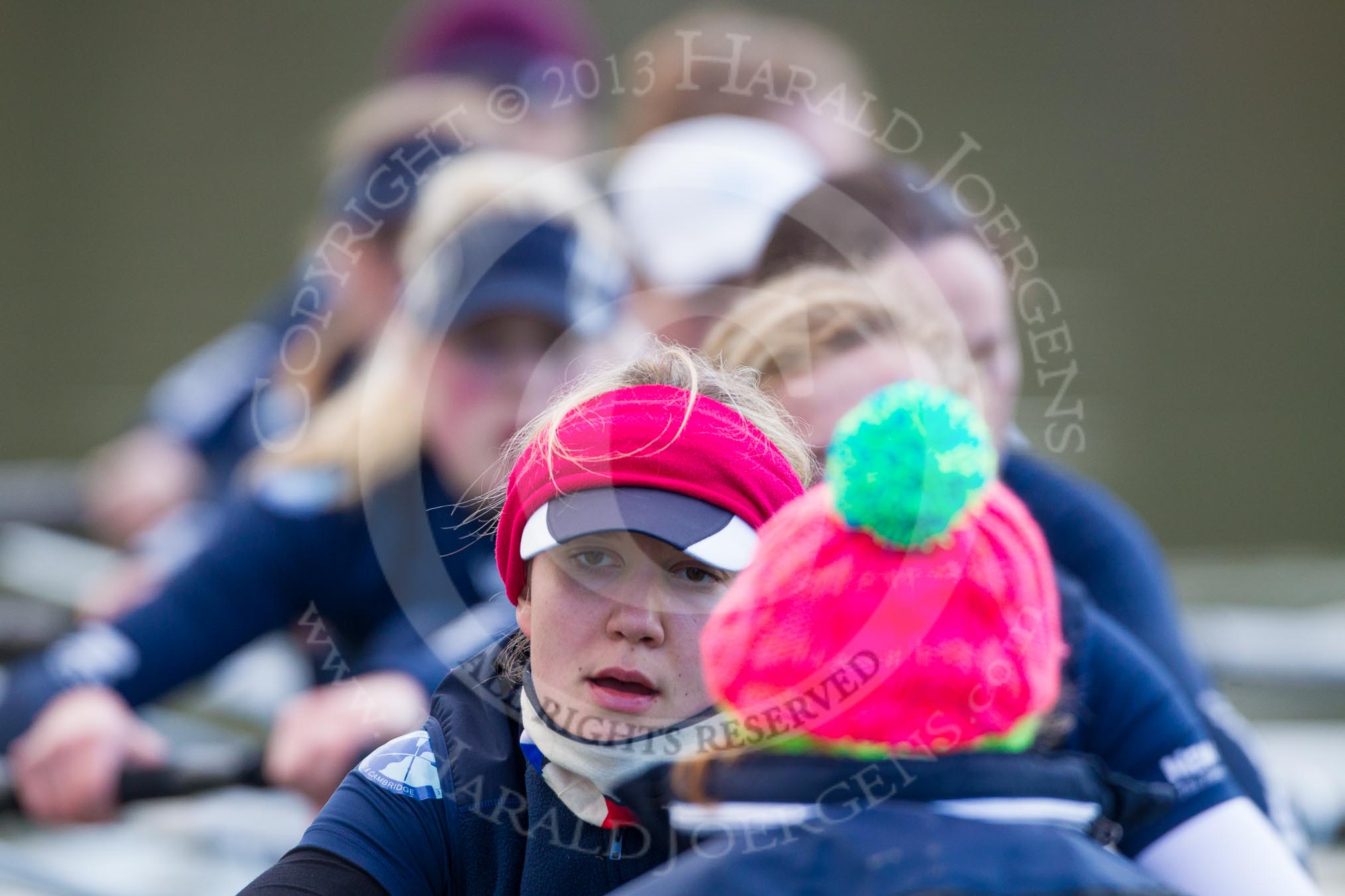 The Boat Race season 2013 - OUWBC training: The OUWBC Blue Boat crew - cox Katie Apfelbaum, stroke Maxie Scheske, Anastasia Chitty, in focus Harriet Keane, Amy Varney, Jo Lee, Mary Foord-Weston, Alice Carrington-Windo, and bow Mariann Novak..
River Thames,
Wallingford,
Oxfordshire,
United Kingdom,
on 13 March 2013 at 17:04, image #64