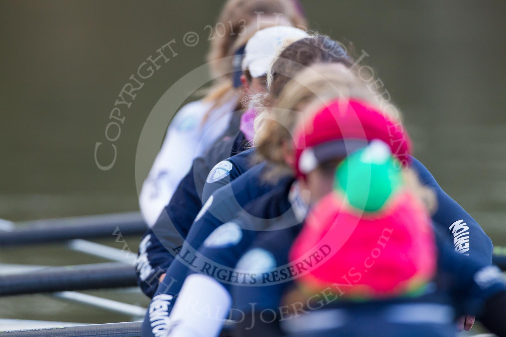 The Boat Race season 2013 - OUWBC training: The OUWBC Blue Boat crew - cox Katie Apfelbaum, stroke Maxie Scheske, Anastasia Chitty, in focus Harriet Keane, Amy Varney, Jo Lee, Mary Foord-Weston, Alice Carrington-Windo, and bow Mariann Novak..
River Thames,
Wallingford,
Oxfordshire,
United Kingdom,
on 13 March 2013 at 17:04, image #65
