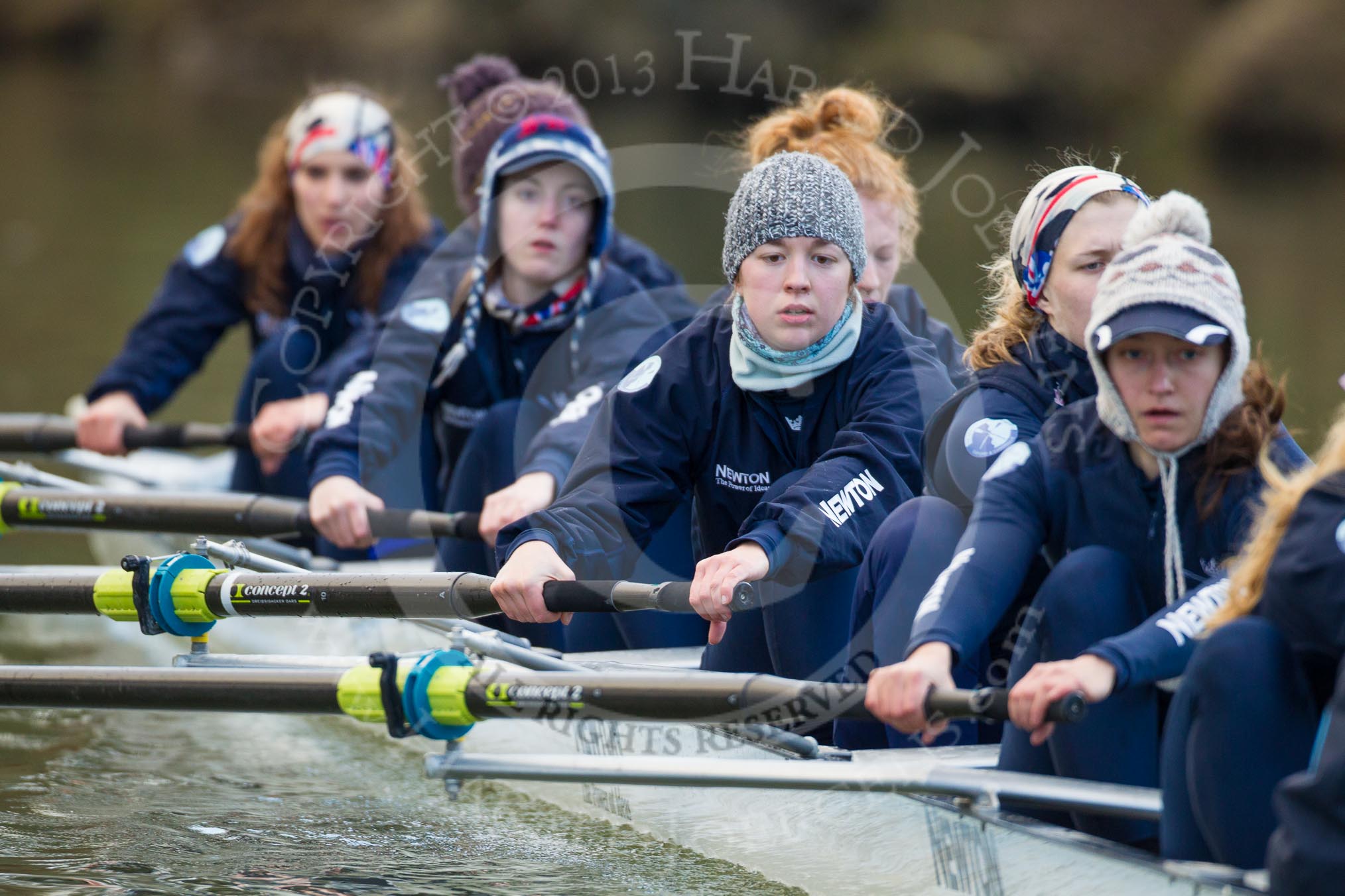 The Boat Race season 2013 - OUWBC training: Osiris, the OUWBC reserve boat: Bow Coralie Viollet-Djelassi, then Elspeth Cumber, Hannah Ledbury, Eleanor Darlington, Rachel Purkess, Caitlin Goss, Annika Bruger, and stroke Emily Chittock..
River Thames,
Wallingford,
Oxfordshire,
United Kingdom,
on 13 March 2013 at 17:05, image #67