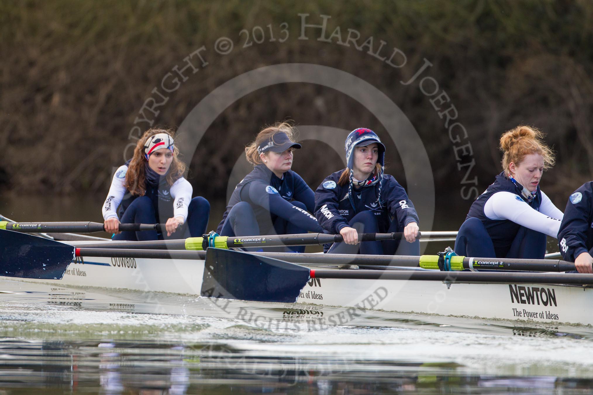 The Boat Race season 2013 - OUWBC training: At the bow of Osiris, the OUWBC reserve boat, Coralie Viollet-Djelassi, in the 2 seat Elspeth Cumber, 3 seat Hannah Ledbury, and 4 seat Eleanor Darlington..
River Thames,
Wallingford,
Oxfordshire,
United Kingdom,
on 13 March 2013 at 17:07, image #82