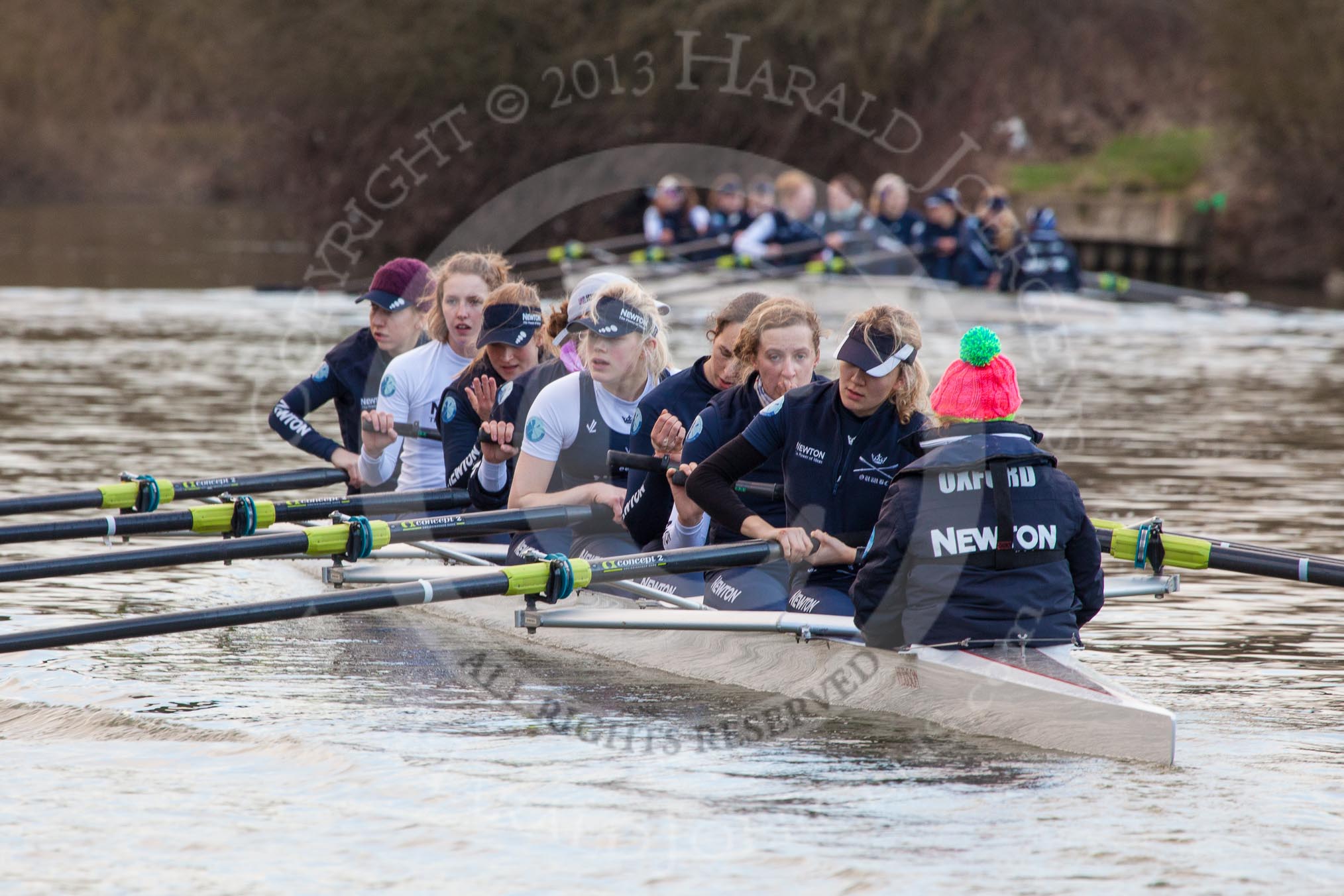 The Boat Race season 2013 - OUWBC training: The OUWBC Blue Boat during the training session - bow Mariann Novak, Alice Carrington-Windo, Mary Foord-Weston, Jo Lee, Amy Varney, Harriet Keane, Anastasia Chitty, stroke Maxie Scheske, and cox Katie Apfelbaum..
River Thames,
Wallingford,
Oxfordshire,
United Kingdom,
on 13 March 2013 at 17:10, image #93