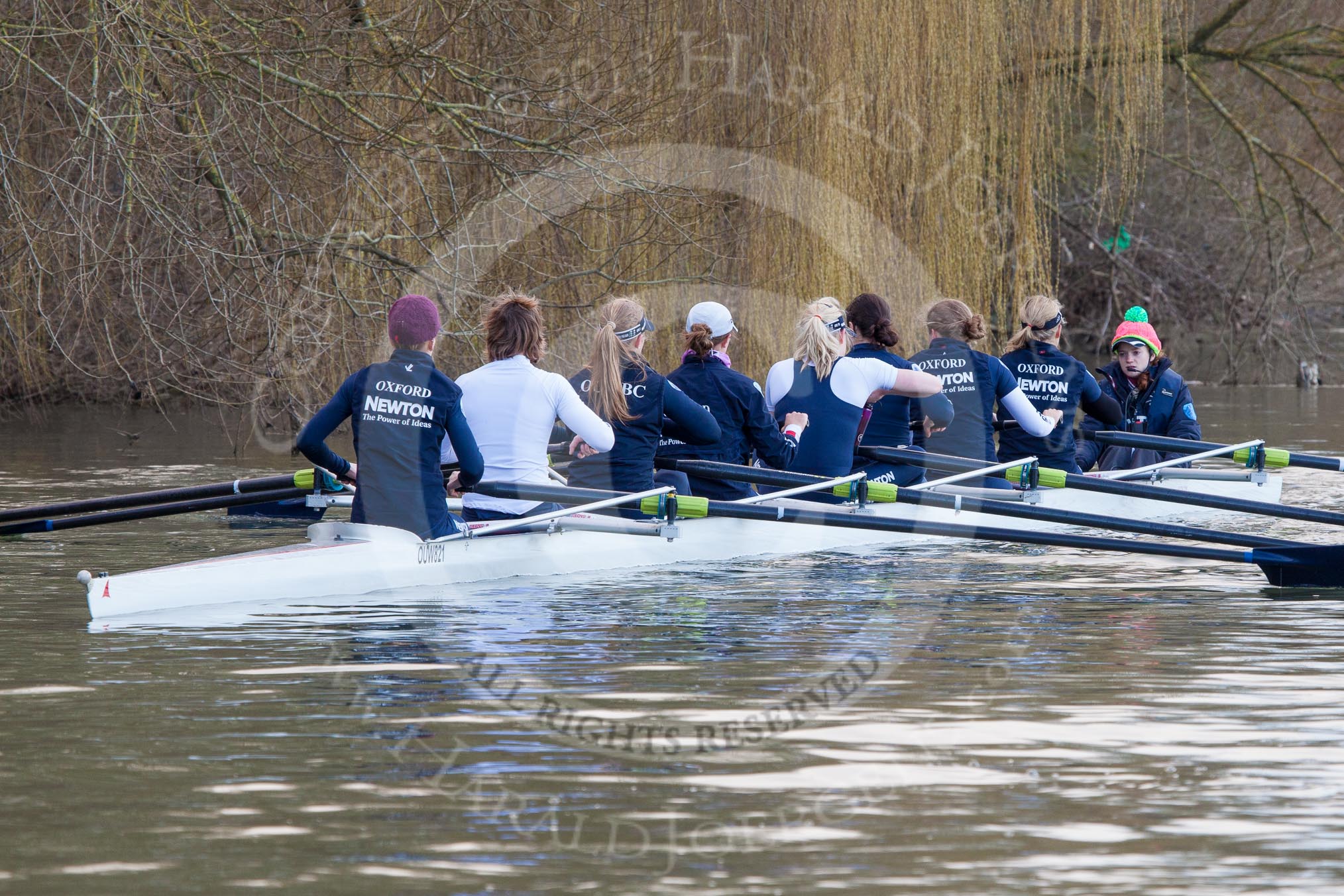 The Boat Race season 2013 - OUWBC training: The OUWBC Blue Boat during the training session - bow Mariann Novak, Alice Carrington-Windo, Mary Foord-Weston, Jo Lee, Amy Varney, Harriet Keane, Anastasia Chitty, stroke Maxie Scheske, and cox Katie Apfelbaum..
River Thames,
Wallingford,
Oxfordshire,
United Kingdom,
on 13 March 2013 at 17:11, image #97