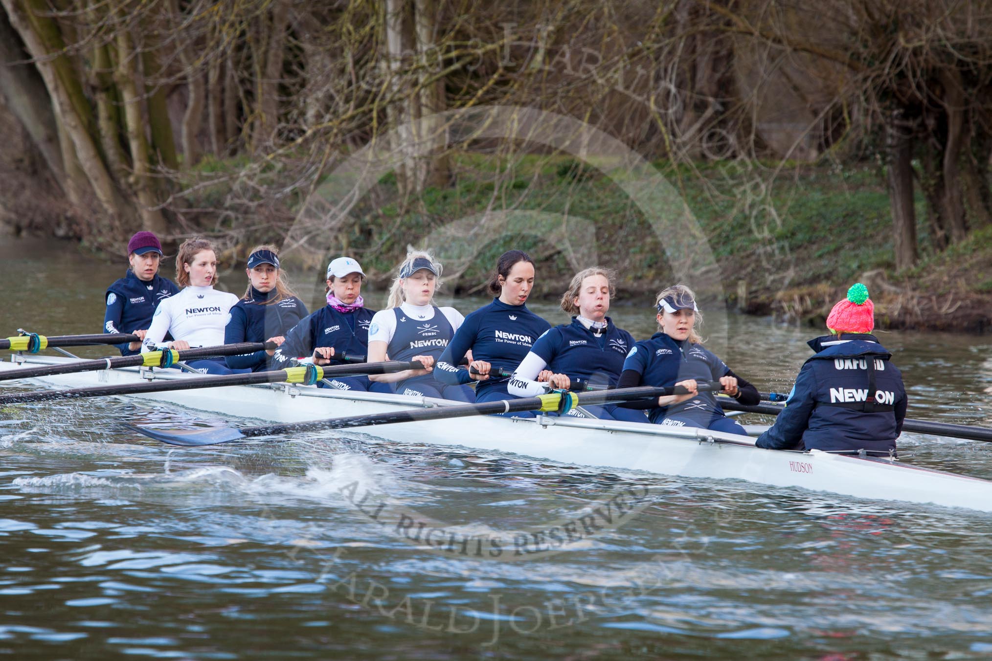 The Boat Race season 2013 - OUWBC training: The OUWBC Blue Boat during the training session - bow Mariann Novak, Alice Carrington-Windo, Mary Foord-Weston, Jo Lee, Amy Varney, Harriet Keane, Anastasia Chitty, stroke Maxie Scheske, and cox Katie Apfelbaum..
River Thames,
Wallingford,
Oxfordshire,
United Kingdom,
on 13 March 2013 at 17:12, image #101
