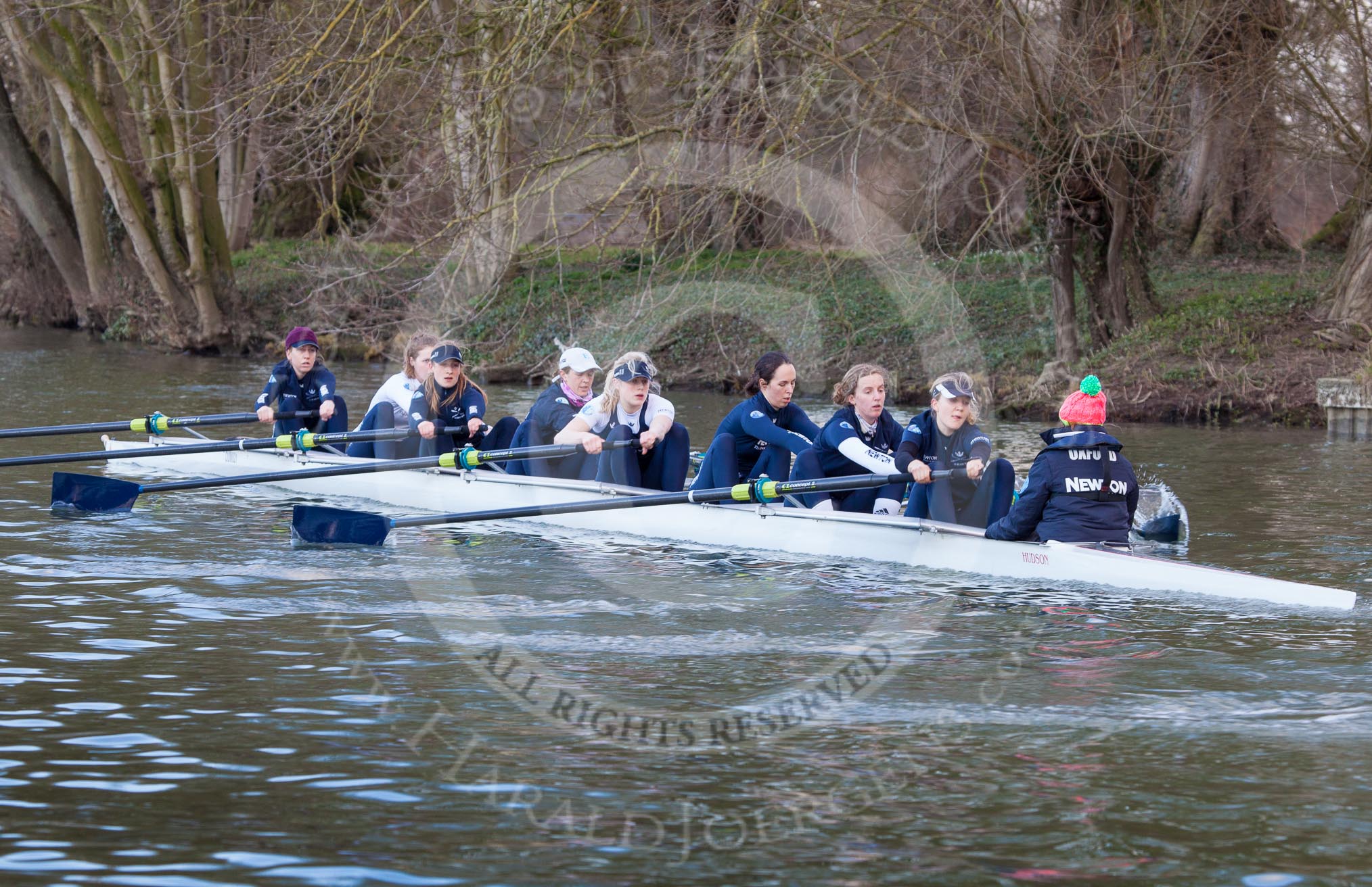 The Boat Race season 2013 - OUWBC training: The OUWBC Blue Boat during the training session - bow Mariann Novak, Alice Carrington-Windo, Mary Foord-Weston, Jo Lee, Amy Varney, Harriet Keane, Anastasia Chitty, stroke Maxie Scheske, and cox Katie Apfelbaum..
River Thames,
Wallingford,
Oxfordshire,
United Kingdom,
on 13 March 2013 at 17:12, image #102