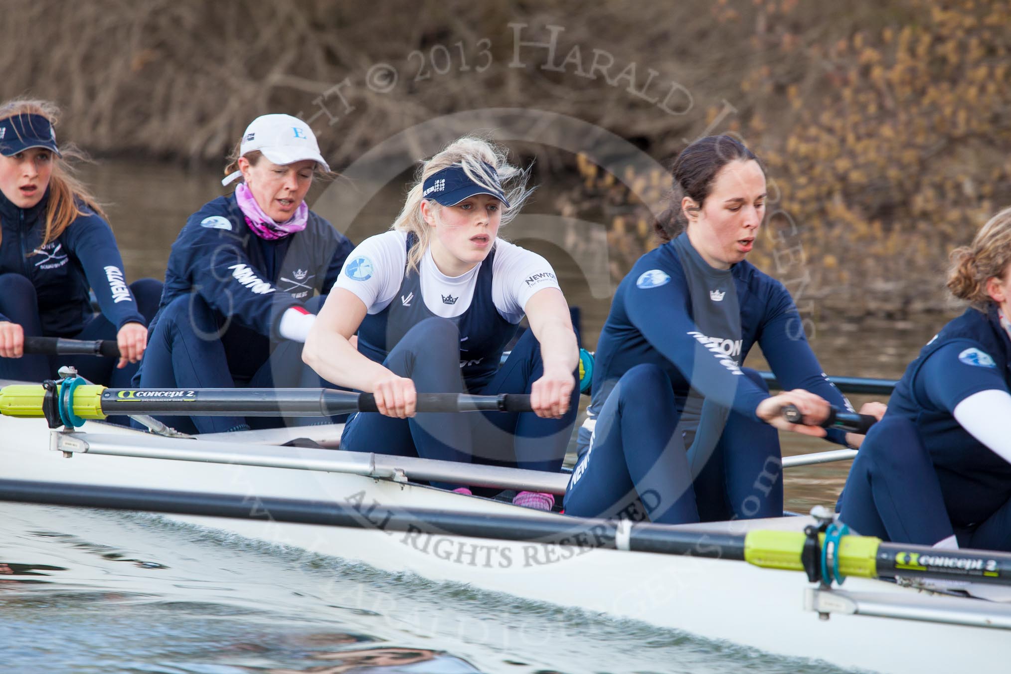 The Boat Race season 2013 - OUWBC training: In the OUWBC Blue Boat 3 seat Mary Foord-Weston, Jo Lee, Amy Varney, Harriet Keane, and 7 seat Anastasia Chitty..
River Thames,
Wallingford,
Oxfordshire,
United Kingdom,
on 13 March 2013 at 17:13, image #107