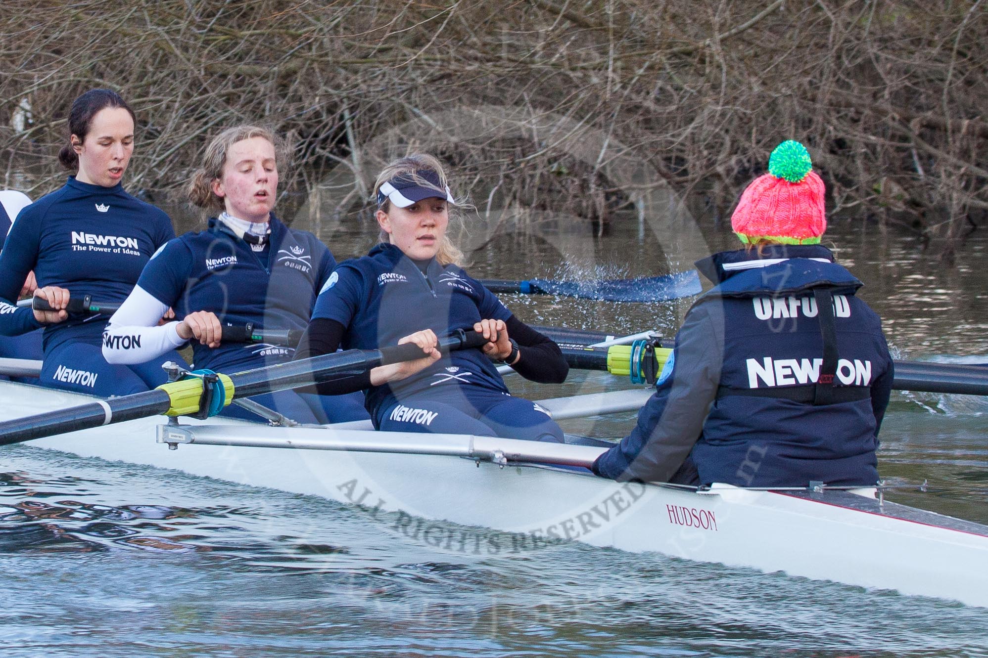 The Boat Race season 2013 - OUWBC training: In the OUWBC Blue Boat 6 seat Harriet Keane, Anastasia Chitty, stroke Maxie Scheske, and cox Katie Apfelbaum..
River Thames,
Wallingford,
Oxfordshire,
United Kingdom,
on 13 March 2013 at 17:13, image #110