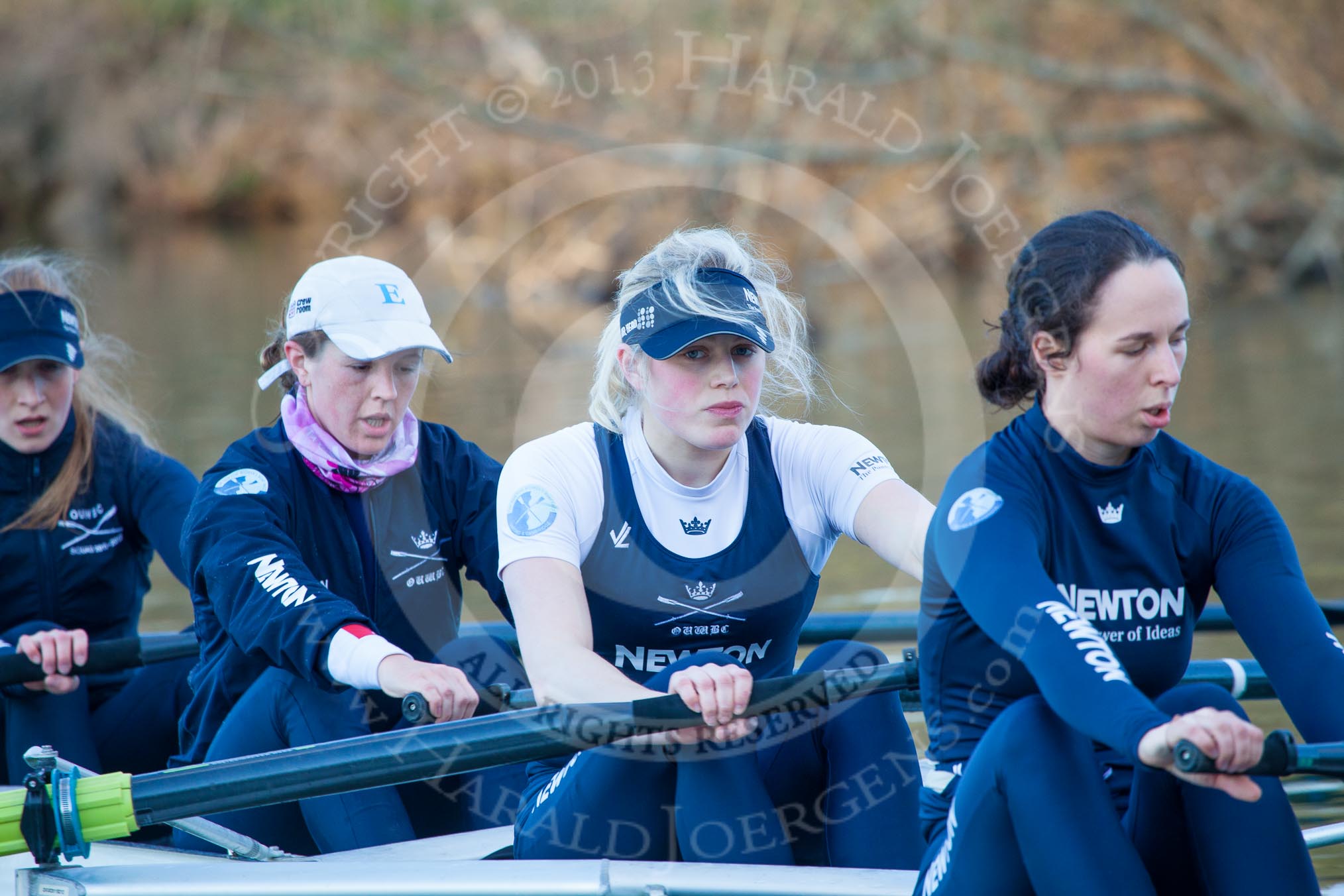The Boat Race season 2013 - OUWBC training: OUWBC Blue Boat 3 seat Mary Foord-Weston, 4 seat Jo Lee, Amy Varney, and Harriet Keane..
River Thames,
Wallingford,
Oxfordshire,
United Kingdom,
on 13 March 2013 at 17:14, image #114