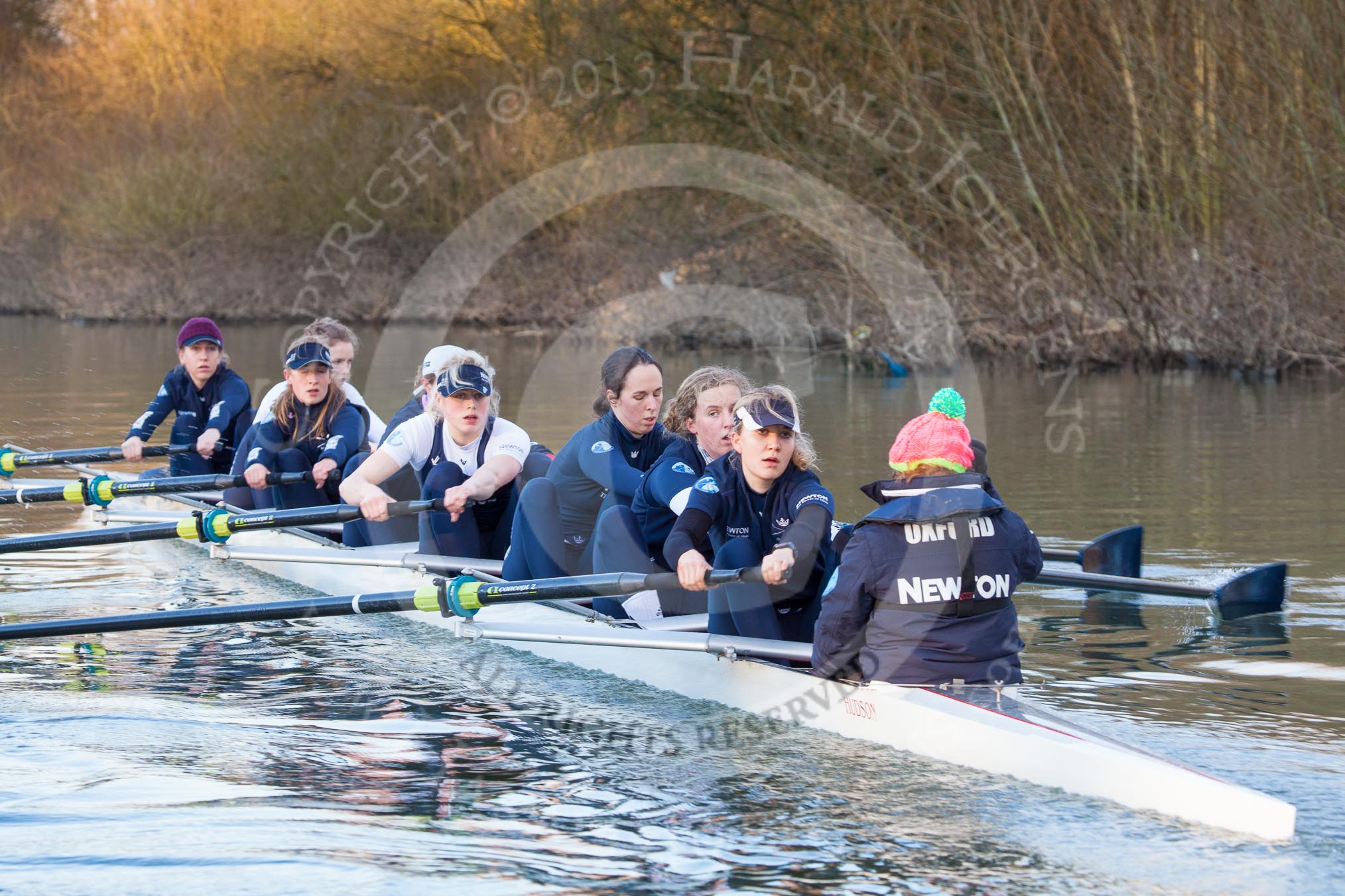 The Boat Race season 2013 - OUWBC training: The OUWBC Blue Boat during the training session - bow Mariann Novak, Alice Carrington-Windo, Mary Foord-Weston, Jo Lee, Amy Varney, Harriet Keane, Anastasia Chitty, stroke Maxie Scheske, and cox Katie Apfelbaum..
River Thames,
Wallingford,
Oxfordshire,
United Kingdom,
on 13 March 2013 at 17:14, image #115
