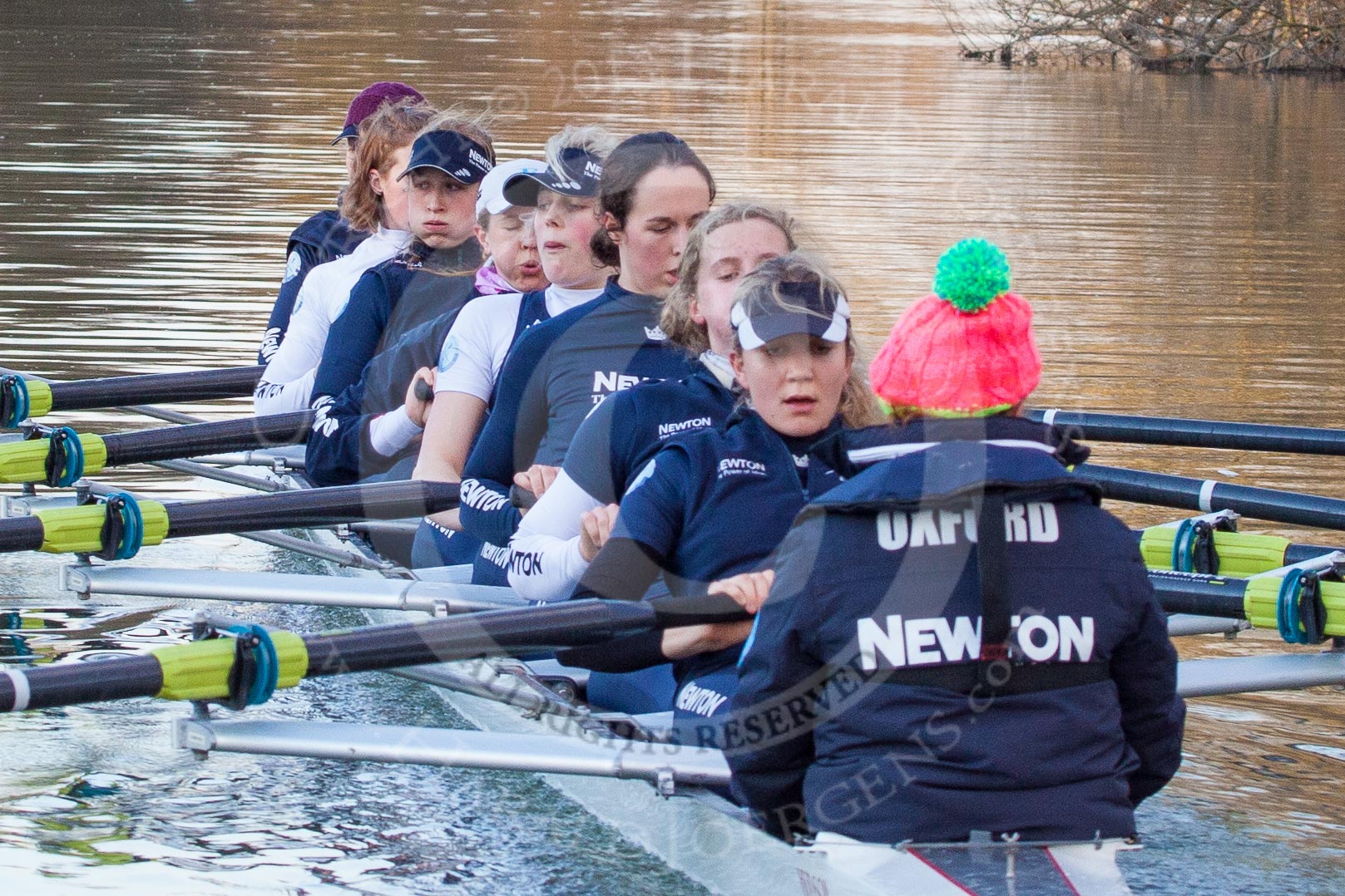 The Boat Race season 2013 - OUWBC training: The OUWBC Blue Boat during the training session - bow Mariann Novak, Alice Carrington-Windo, Mary Foord-Weston, Jo Lee, Amy Varney, Harriet Keane, Anastasia Chitty, stroke Maxie Scheske, and cox Katie Apfelbaum..
River Thames,
Wallingford,
Oxfordshire,
United Kingdom,
on 13 March 2013 at 17:15, image #121