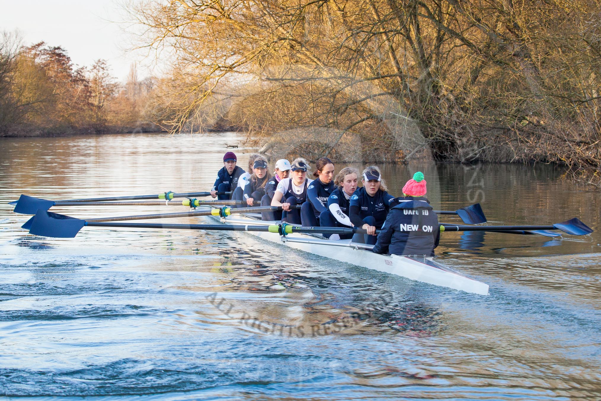 The Boat Race season 2013 - OUWBC training: The OUWBC Blue Boat during the training session - bow Mariann Novak, Alice Carrington-Windo, Mary Foord-Weston, Jo Lee, Amy Varney, Harriet Keane, Anastasia Chitty, stroke Maxie Scheske, and cox Katie Apfelbaum..
River Thames,
Wallingford,
Oxfordshire,
United Kingdom,
on 13 March 2013 at 17:16, image #122