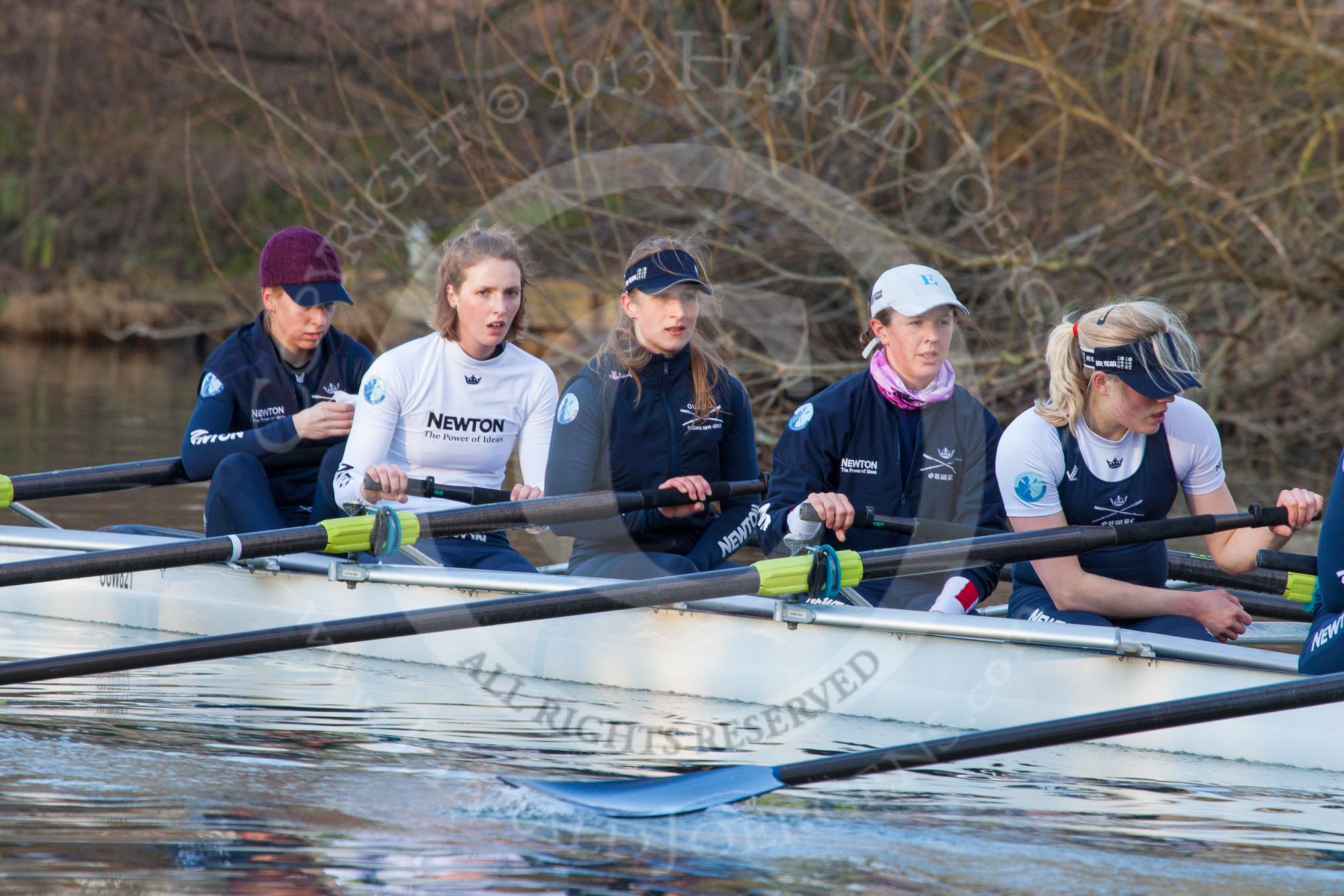 The Boat Race season 2013 - OUWBC training: In the OUWBC Blue Boat bow Mariann Novak, Alice Carrington-Windo, Mary Foord-Weston, Jo Lee, and 5 seat Amy Varney..
River Thames,
Wallingford,
Oxfordshire,
United Kingdom,
on 13 March 2013 at 17:16, image #124