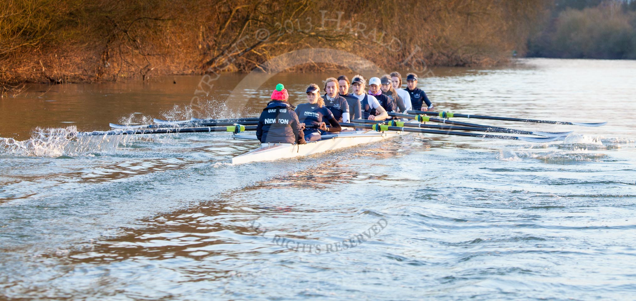 The Boat Race season 2013 - OUWBC training: In the OUWBC Blue Boat cox Katie Apfelbaum, stroke Maxie Scheske, Anastasia Chitty, Harriet Keane, Amy Varney, Jo Lee, Mary Foord-Weston, Alice Carrington-Windo, and bow Mariann Novak..
River Thames,
Wallingford,
Oxfordshire,
United Kingdom,
on 13 March 2013 at 17:28, image #144
