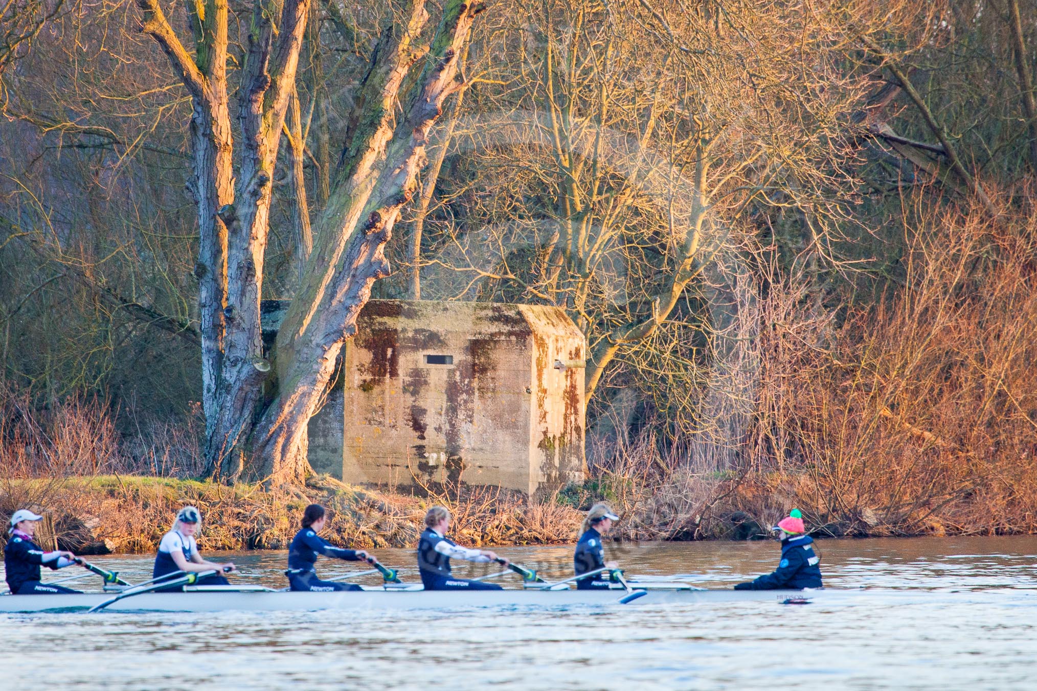 The Boat Race season 2013 - OUWBC training: In the OUWBC Blue Boat 4 seat Jo Lee, Amy Varney, Harriet Keane, Anastasia Chitty, stroke Maxie Scheske, and cox Katie Apfelbaum. In the background a WWII bunker..
River Thames,
Wallingford,
Oxfordshire,
United Kingdom,
on 13 March 2013 at 17:36, image #173