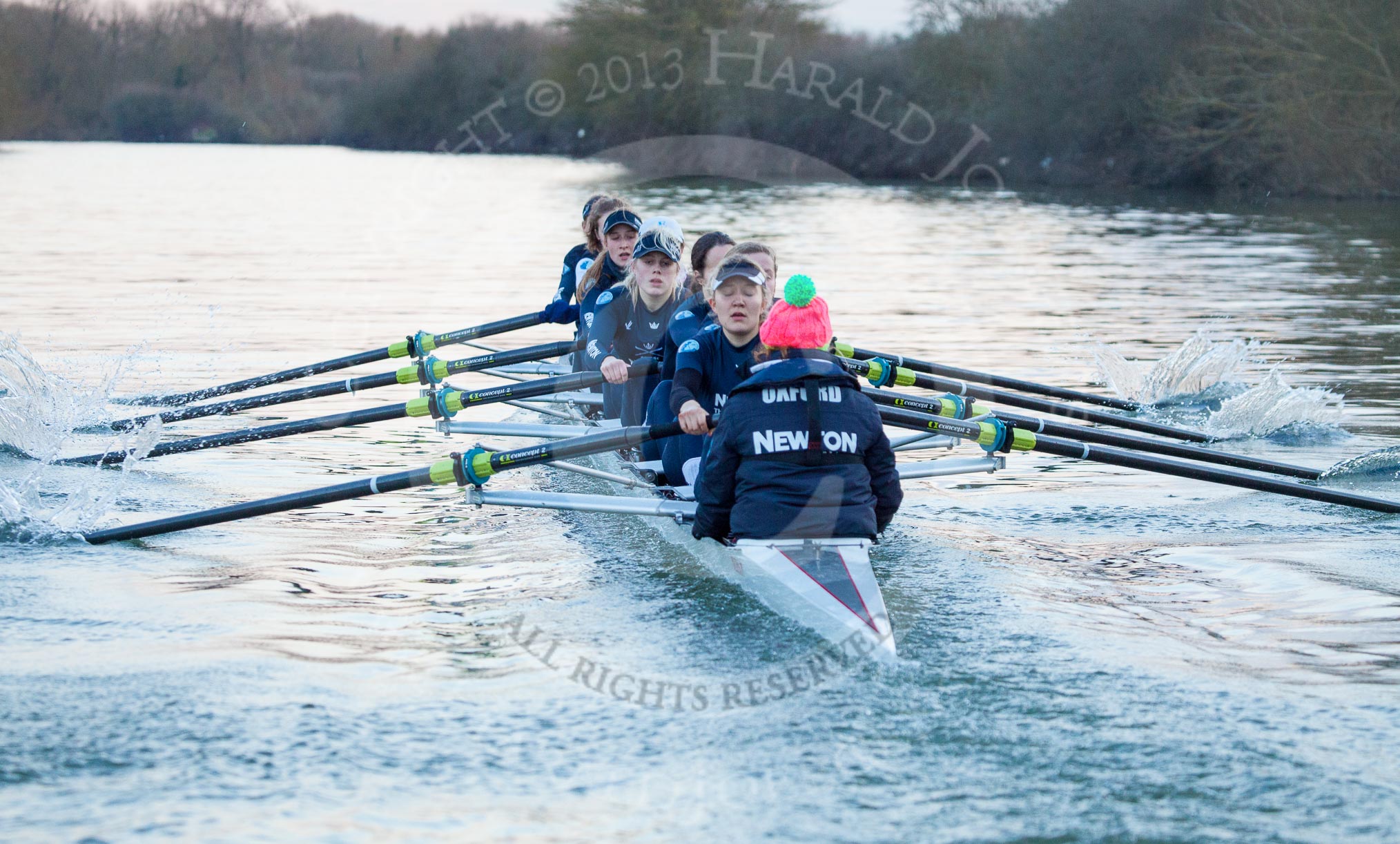 The Boat Race season 2013 - OUWBC training: The OUWBC Blue Boat during the training session - bow Mariann Novak, Alice Carrington-Windo, Mary Foord-Weston, Jo Lee, Amy Varney, Harriet Keane, Anastasia Chitty, stroke Maxie Scheske, and cox Katie Apfelbaum..
River Thames,
Wallingford,
Oxfordshire,
United Kingdom,
on 13 March 2013 at 17:50, image #186
