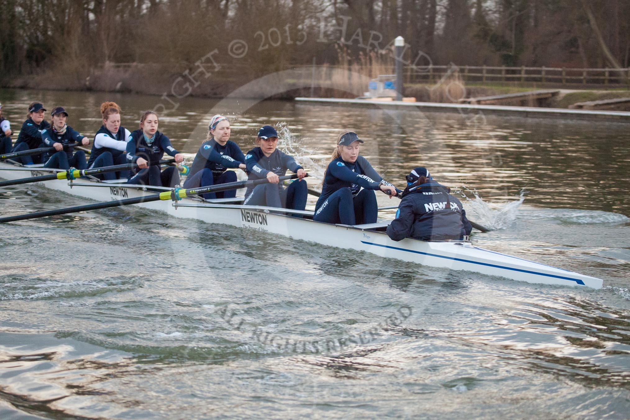 The Boat Race season 2013 - OUWBC training: In Osiris, the OUWBC reserve boat, bow Coralie Viollet-Djelassi, Elspeth Cumber, Hannah Ledbury, Eleanor Darlington, Rachel Purkess, Caitlin Goss, Annika Bruger, stroke Emily Chittock, and cox Sophie Shawdon..
River Thames,
Wallingford,
Oxfordshire,
United Kingdom,
on 13 March 2013 at 18:00, image #202