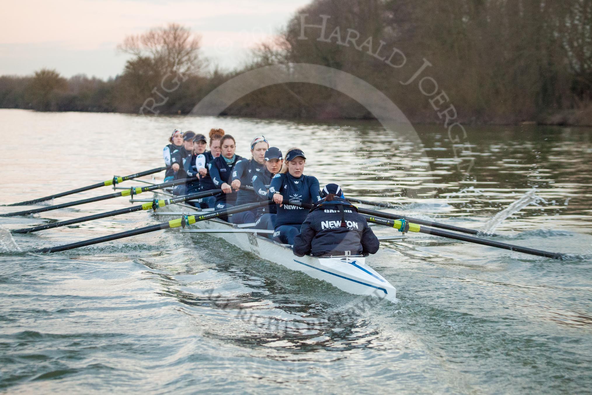 The Boat Race season 2013 - OUWBC training: In Osiris, the OUWBC reserve boat, bow Coralie Viollet-Djelassi, Elspeth Cumber, Hannah Ledbury, Eleanor Darlington, Rachel Purkess, Caitlin Goss, Annika Bruger, stroke Emily Chittock, and cox Sophie Shawdon..
River Thames,
Wallingford,
Oxfordshire,
United Kingdom,
on 13 March 2013 at 18:00, image #203
