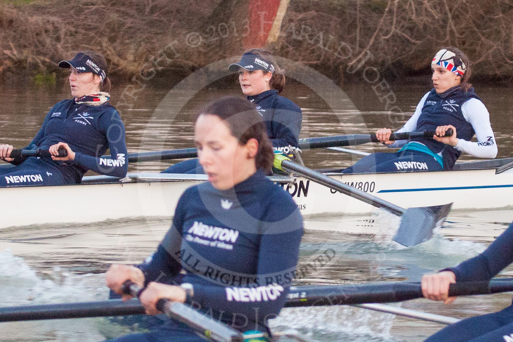 The Boat Race season 2013 - OUWBC training: The OUWBC Blue Boat racing Osiris, the reserve boat, here Blue Boat 6 seat Harriet Keane and 5 seat Amy Varney. In Osiris, behind and in focus, 3 seat Hannah Ledbury, 2 seat Elspeth Cumber, and bow Coralie Viollet-Djelassi..
River Thames,
Wallingford,
Oxfordshire,
United Kingdom,
on 13 March 2013 at 18:01, image #212