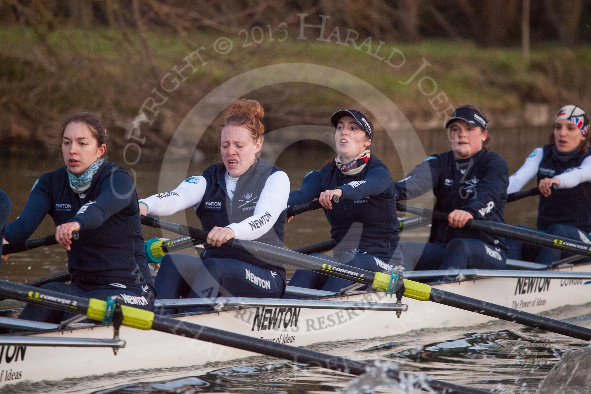 The Boat Race season 2013 - OUWBC training: In Osiris, the OUWBC reserve boat 5 seat Rachel Purkess, Eleanor Darlington, Hannah Ledbury, Elspeth Cumber, and bow Coralie Viollet-Djelassi..
River Thames,
Wallingford,
Oxfordshire,
United Kingdom,
on 13 March 2013 at 18:02, image #216