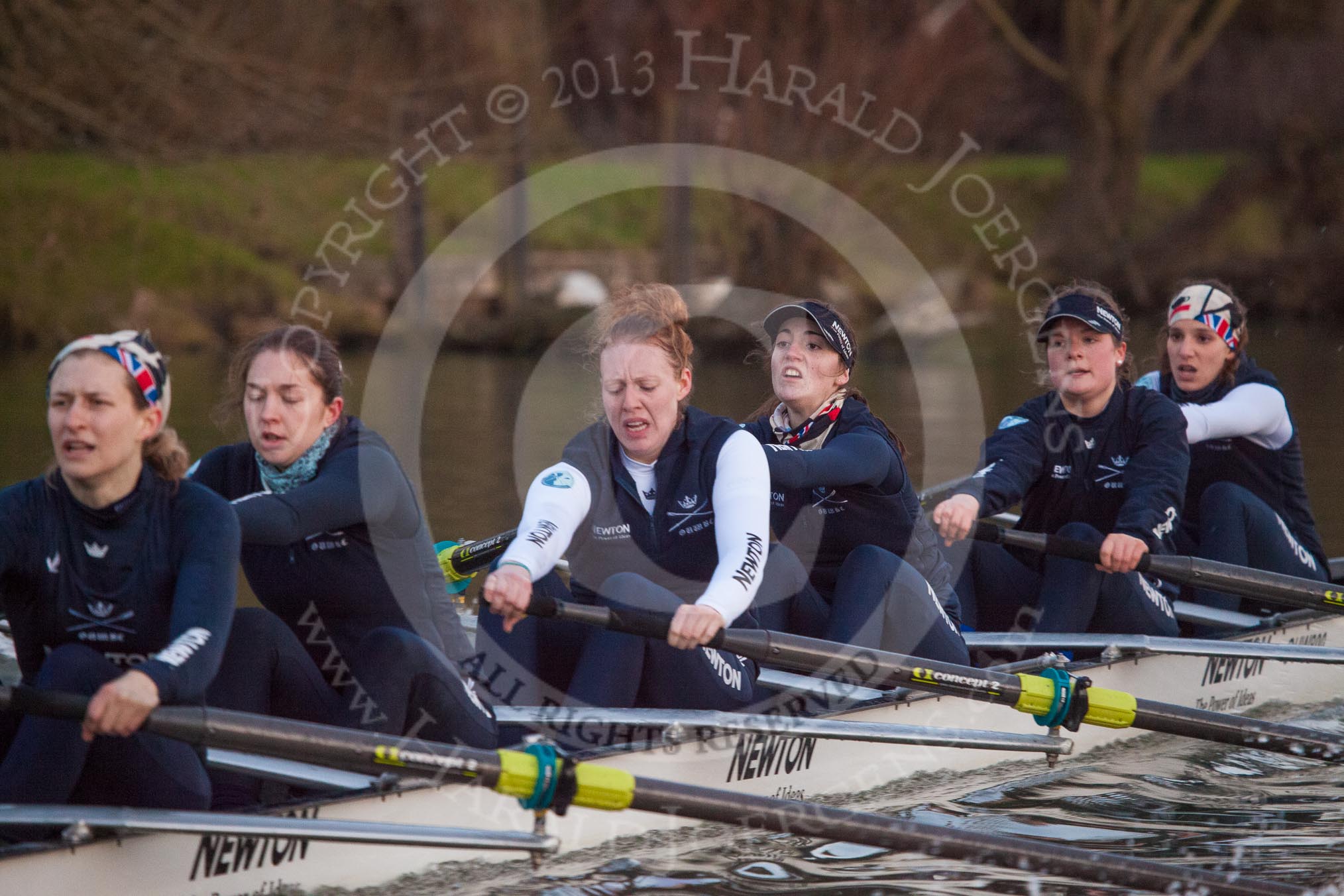 The Boat Race season 2013 - OUWBC training: Osiris, the OUWBC reserce boat, during the last bit of racing for the day - 6 seat Caitlin Goss, Rachel Purkess, Eleanor Darlington, Hannah Ledbury, Elspeth Cumber  and bow Coralie Viollet-Djelassi..
River Thames,
Wallingford,
Oxfordshire,
United Kingdom,
on 13 March 2013 at 18:02, image #220