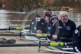 The Boat Race season 2013 - OUWBC training: The crew of Osiris, the OUWBC reserve boat, getting ready: Bow: Coralie Viollet-Djelassi, then Elspeth Cumber, Hannah Ledbury, and Eleanor Darlington..
Fleming Boathouse,
Wallingford,
Oxfordshire,
United Kingdom,
on 13 March 2013 at 16:52, image #33
