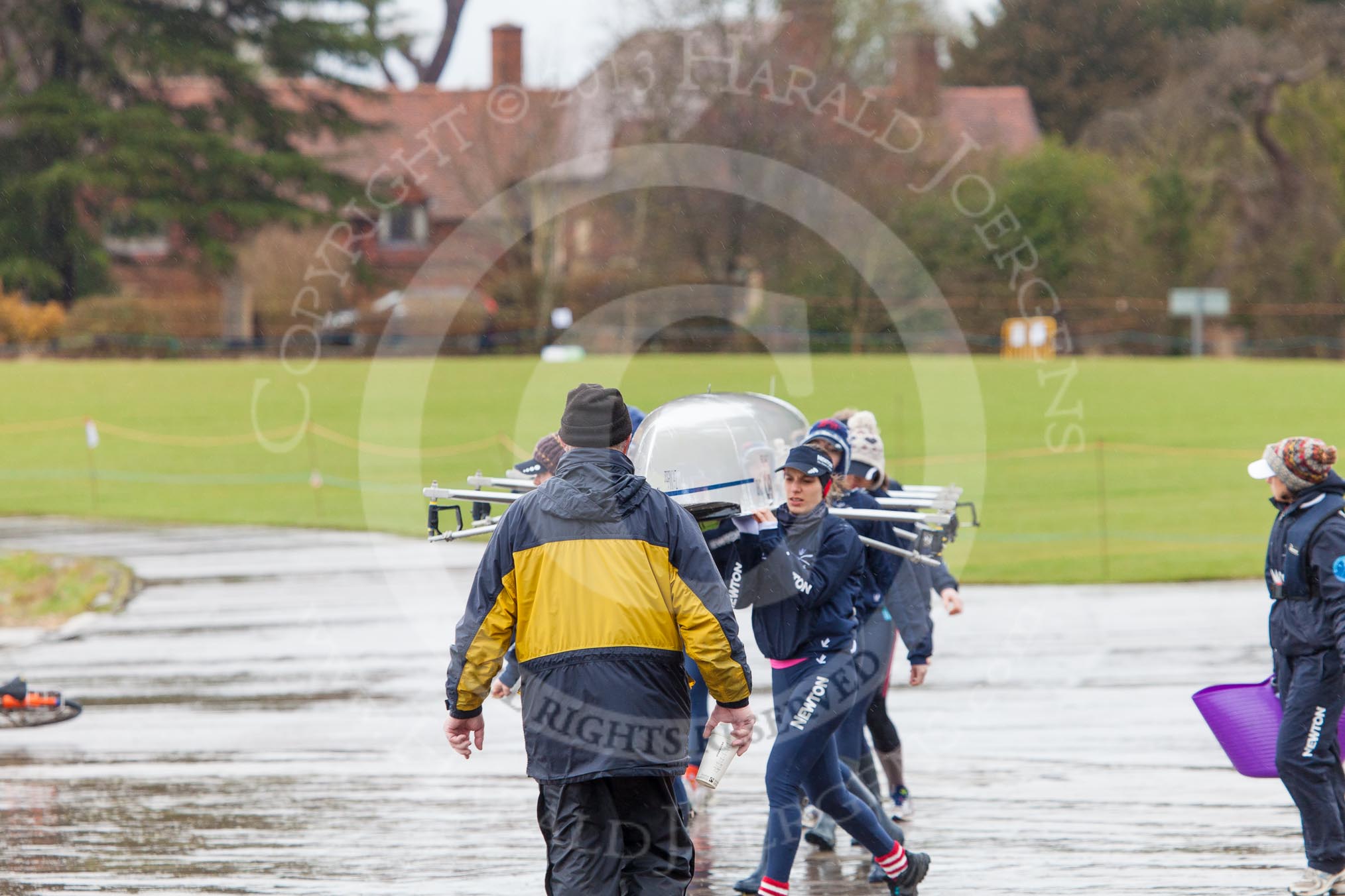 The Boat Race season 2013 - fixture OUWBC vs Olympians: On the way to meet the Olympians - the crew of the OUWBC reserve boat Osiris carrying their boat towards Dorney Lake..
Dorney Lake,
Dorney, Windsor,
Buckinghamshire,
United Kingdom,
on 16 March 2013 at 10:57, image #8