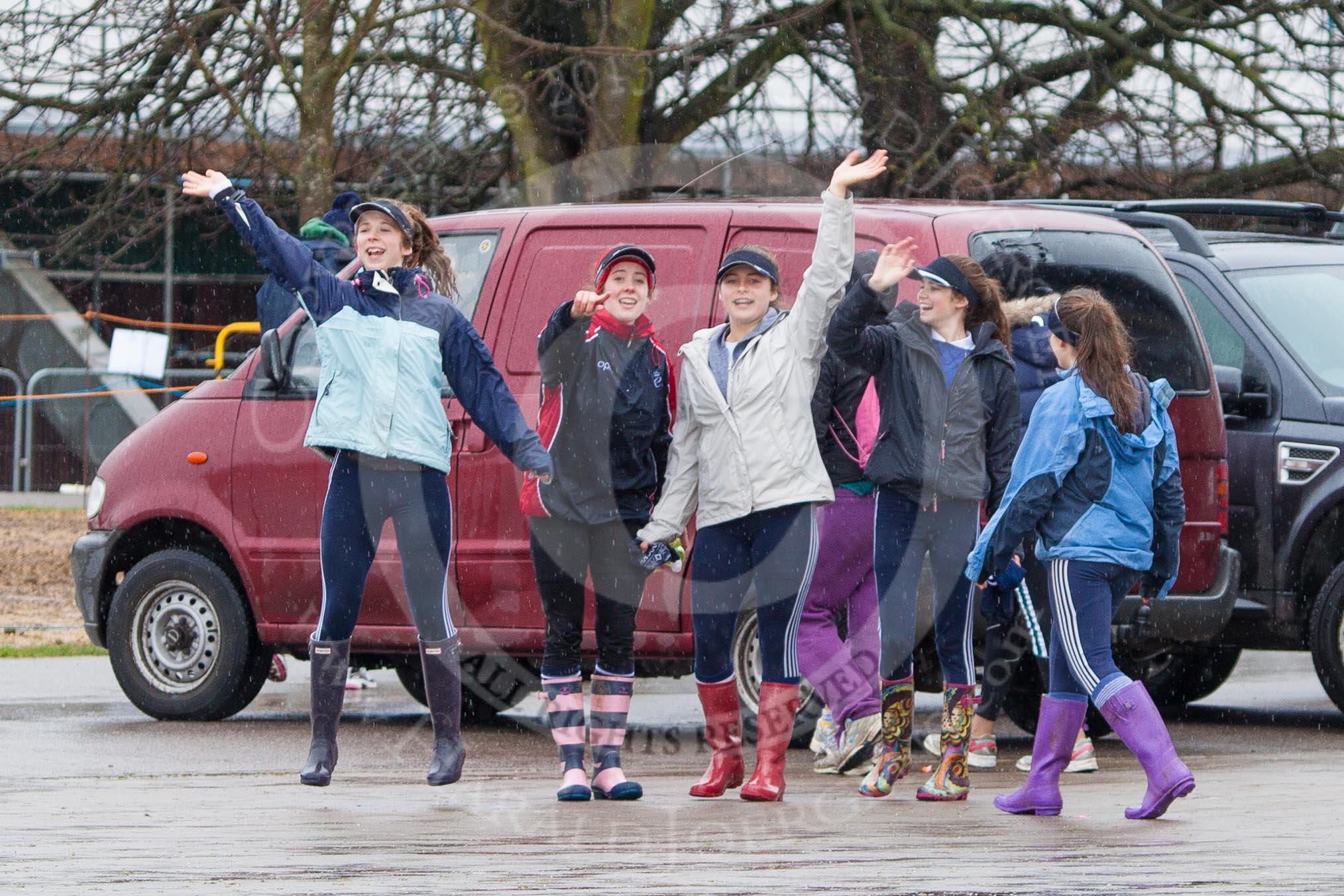 The Boat Race season 2013 - fixture OUWBC vs Olympians: Not siure who these waving young ladies are, but there enthusiasm, despite the pouring rain, was quite remarkable..
Dorney Lake,
Dorney, Windsor,
Buckinghamshire,
United Kingdom,
on 16 March 2013 at 11:12, image #45