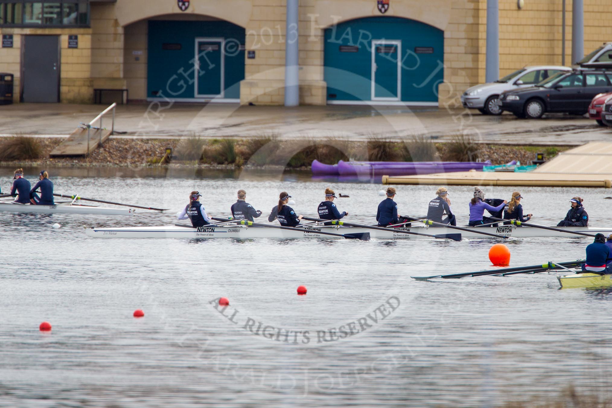 The Boat Race season 2013 - fixture OUWBC vs Olympians: Getting ready for a fixture at Dorney Lake - the OUWBC Blue Boat on the left, reserve boat Osiris in the centre, and the Olympians on the right..
Dorney Lake,
Dorney, Windsor,
Buckinghamshire,
United Kingdom,
on 16 March 2013 at 11:31, image #60