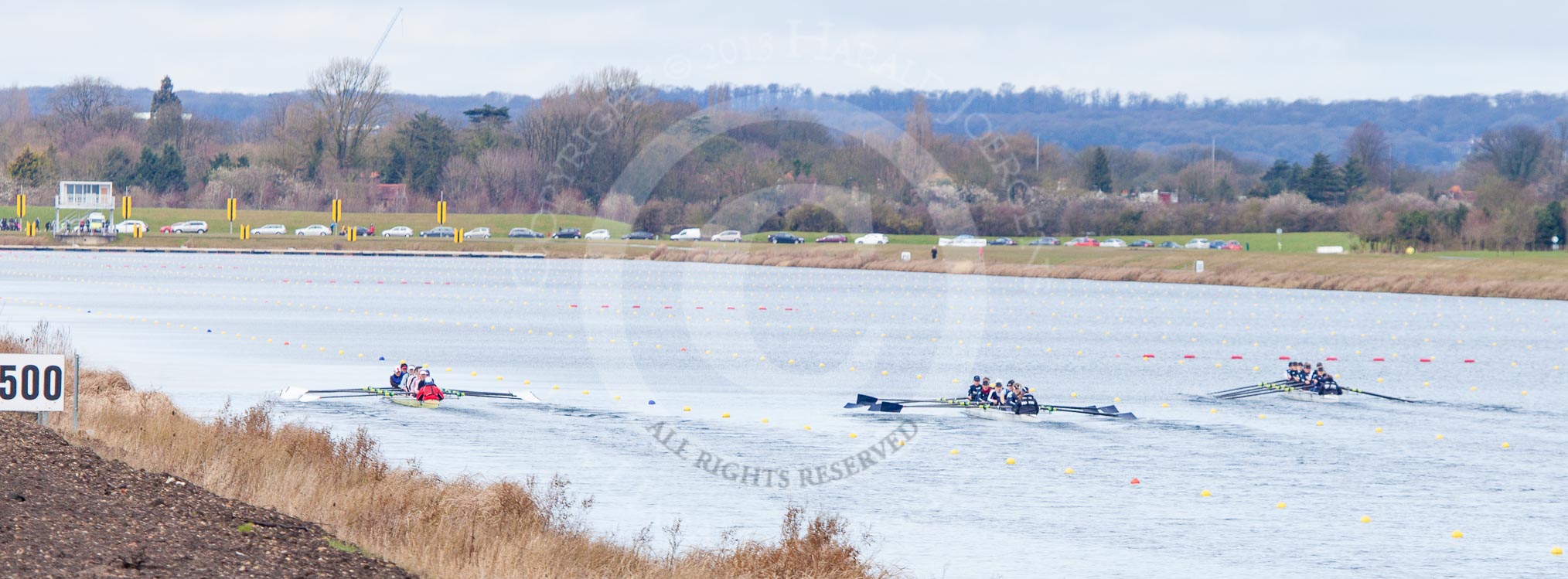 The Boat Race season 2013 - fixture OUWBC vs Olympians: Racing down Dorney Lake, on the left the Olympians Eight, in the middle the OUWBC Blue Boat, on the right OUWBC reserve boat Osiris..
Dorney Lake,
Dorney, Windsor,
Buckinghamshire,
United Kingdom,
on 16 March 2013 at 11:37, image #88