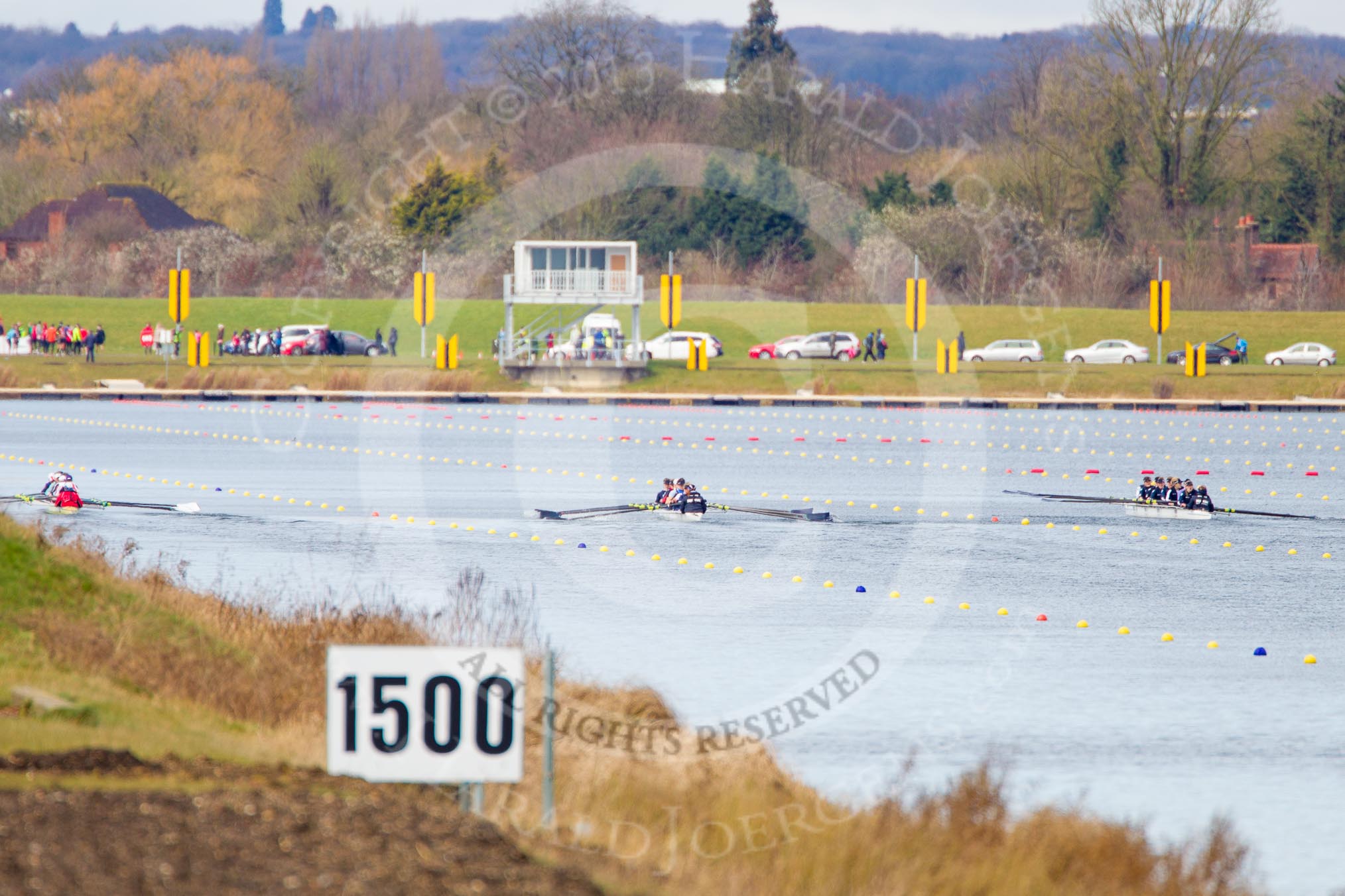 The Boat Race season 2013 - fixture OUWBC vs Olympians: Racing down Dorney Lake, on the left the Olympians Eight, in the middle the OUWBC Blue Boat, on the right OUWBC reserve boat Osiris..
Dorney Lake,
Dorney, Windsor,
Buckinghamshire,
United Kingdom,
on 16 March 2013 at 11:39, image #90