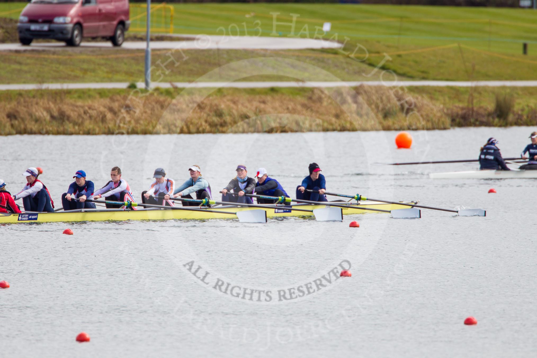 The Boat Race season 2013 - fixture OUWBC vs Olympians: In the Olympians boat cox Victoria Stulgis, stroke Caryn Davies, 7 Katherine Grainger, 6 Katherine Douglas, 5 Anna Watkins, 4 Bethan Walters, 3 Christiana Amacker, 2 Kate Johnson and at bow Natasha Townsend. In the OUWBC Blue Boat, top right, cox Katie Apfelbaum and stroke Maxie Scheske..
Dorney Lake,
Dorney, Windsor,
Buckinghamshire,
United Kingdom,
on 16 March 2013 at 11:51, image #106