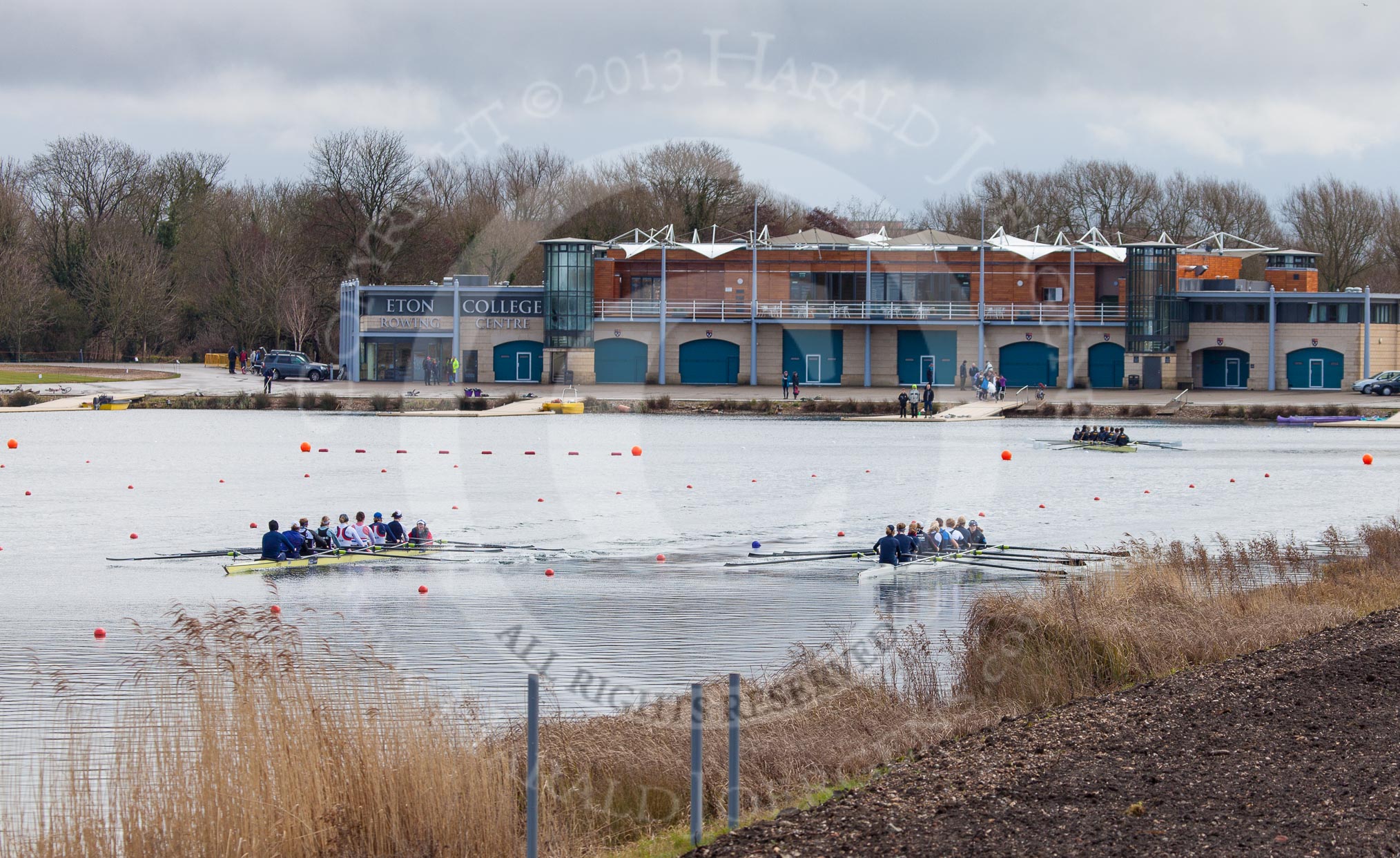 The Boat Race season 2013 - fixture OUWBC vs Olympians: Getting ready for a fixture at Dorney Lake, in front of the boathouse: On the left Olympians, on right the OUWBC Blue Boat..
Dorney Lake,
Dorney, Windsor,
Buckinghamshire,
United Kingdom,
on 16 March 2013 at 11:55, image #127