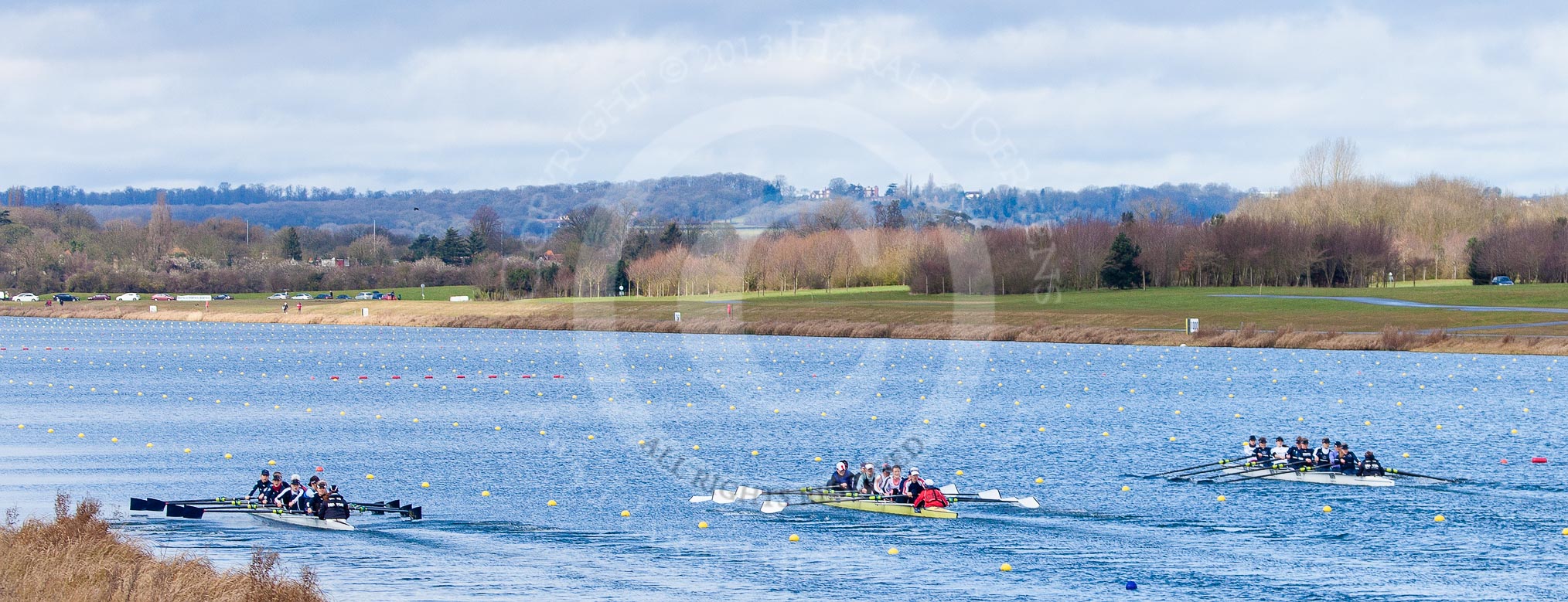 The Boat Race season 2013 - fixture OUWBC vs Olympians: Racing down Dorney Lake, on the left the OUWBC Blue Boat, in the middle the Olympians, and on the right Osiris, the OUWBC reserve boat..
Dorney Lake,
Dorney, Windsor,
Buckinghamshire,
United Kingdom,
on 16 March 2013 at 11:56, image #173