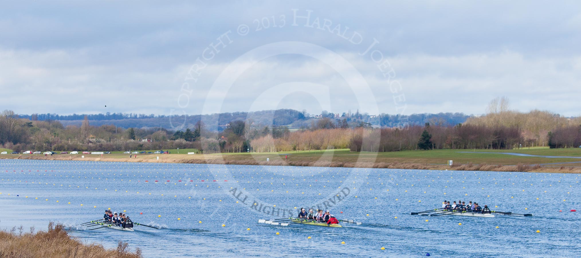 The Boat Race season 2013 - fixture OUWBC vs Olympians: Racing down Dorney Lake, on the left the OUWBC Blue Boat, in the middle the Olympians, and on the right Osiris, the OUWBC reserve boat..
Dorney Lake,
Dorney, Windsor,
Buckinghamshire,
United Kingdom,
on 16 March 2013 at 11:56, image #174