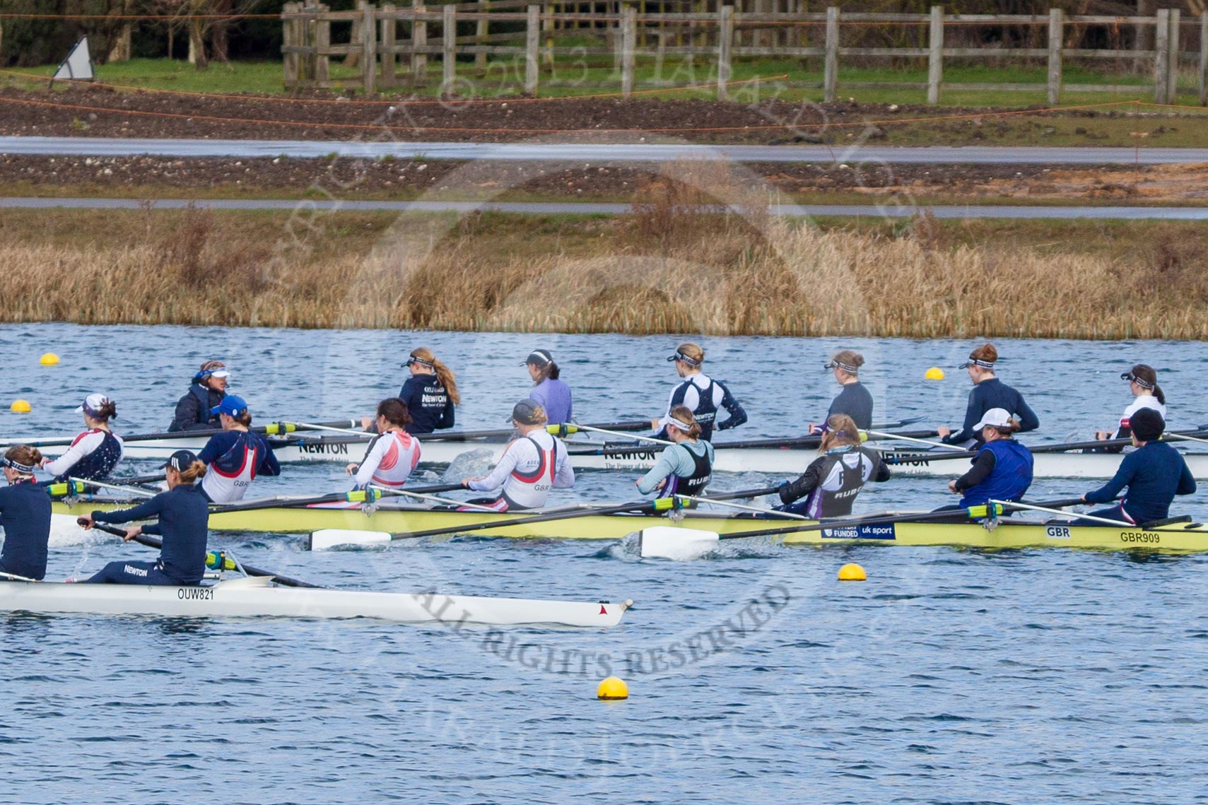 The Boat Race season 2013 - fixture OUWBC vs Olympians: The Olympians, in the yellow boat, racing the two OUWBC boats in a fixture at Dorney Lake. In front the Blue Boat, behind the reserve boat Osiris..
Dorney Lake,
Dorney, Windsor,
Buckinghamshire,
United Kingdom,
on 16 March 2013 at 12:16, image #202