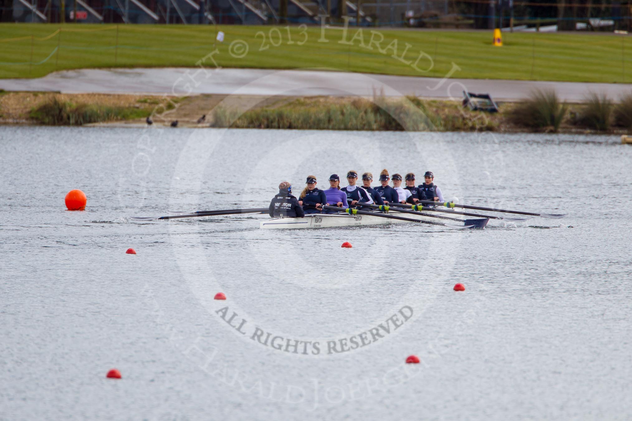 The Boat Race season 2013 - fixture OUWBC vs Olympians: The OUWBC reserve boat Osiris returning to one of the Dorney Lake pontoons after the training session..
Dorney Lake,
Dorney, Windsor,
Buckinghamshire,
United Kingdom,
on 16 March 2013 at 12:31, image #329