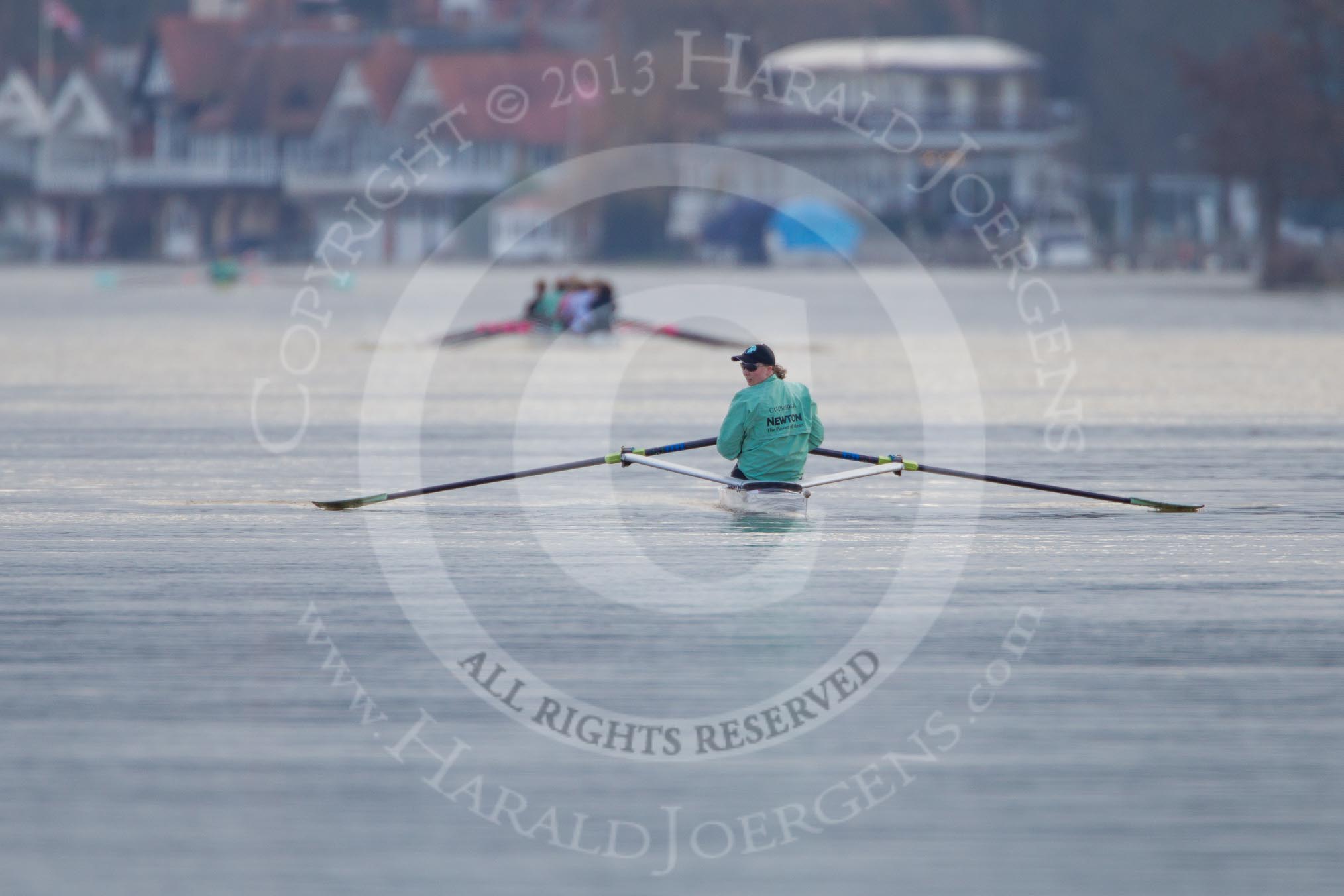 The Boat Race season 2013 - CUWBC training: The start of the CUWBC training session - the (white) Blue Boat and, behind, the (yellow) reserve boat Blondie. In front CUWBC substitute Lizzy Johnstone..
River Thames near Remenham,
Henley-on-Thames,
Oxfordshire,
United Kingdom,
on 19 March 2013 at 15:28, image #14