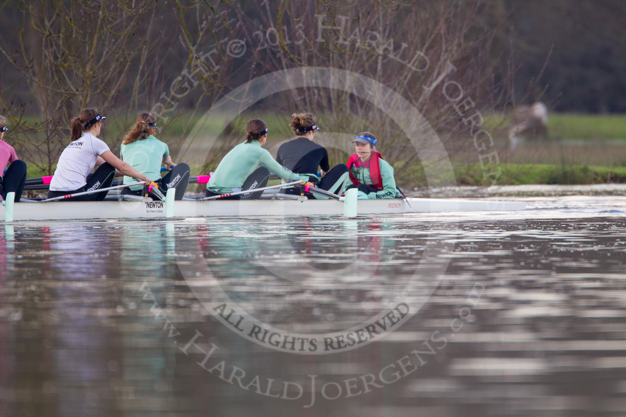 The Boat Race season 2013 - CUWBC training: The CUWBC Blue Boat on the way back from Temple Island to Henley: In the 4 seat Lucy Griffin, 5 Sara Lackner, 6 Helena Schofield, 7 Christine Seeliger, stroke Katie-Jane Whitlock, and cox Arav Gupta..
River Thames near Remenham,
Henley-on-Thames,
Oxfordshire,
United Kingdom,
on 19 March 2013 at 15:38, image #58