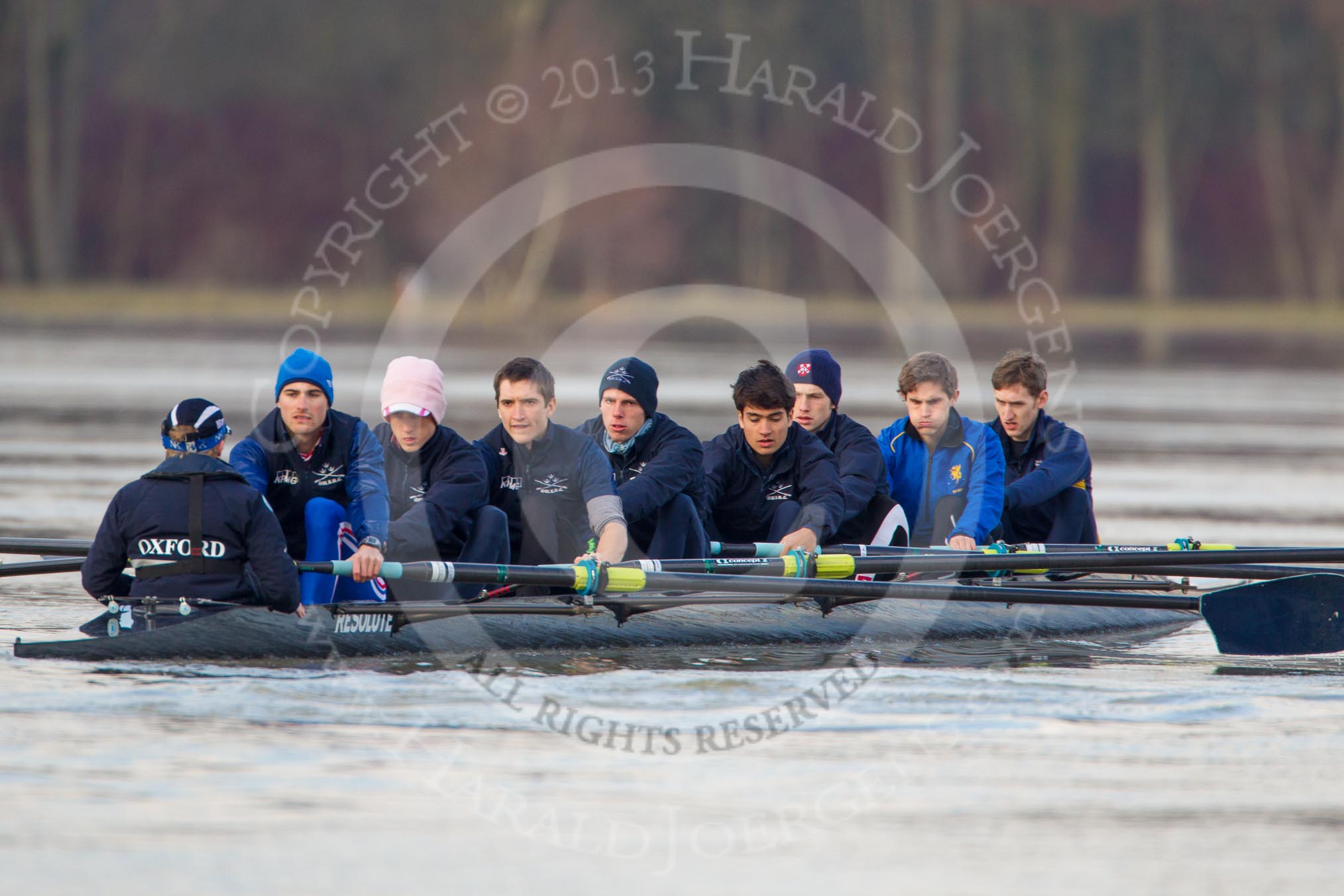 The Boat Race season 2013 - CUWBC training: The OULRC boat - cox Christian Proctor, stroke Max Dillon, 7 Andrew Sayce, 6 Benjamin Walpole, 5 Jasper Warner, 4 Frederick Foster, 3 Keir Macdonald, 2 Benjamin Bronselaer and bow James Kirkbride..
River Thames near Remenham,
Henley-on-Thames,
Oxfordshire,
United Kingdom,
on 19 March 2013 at 16:03, image #105