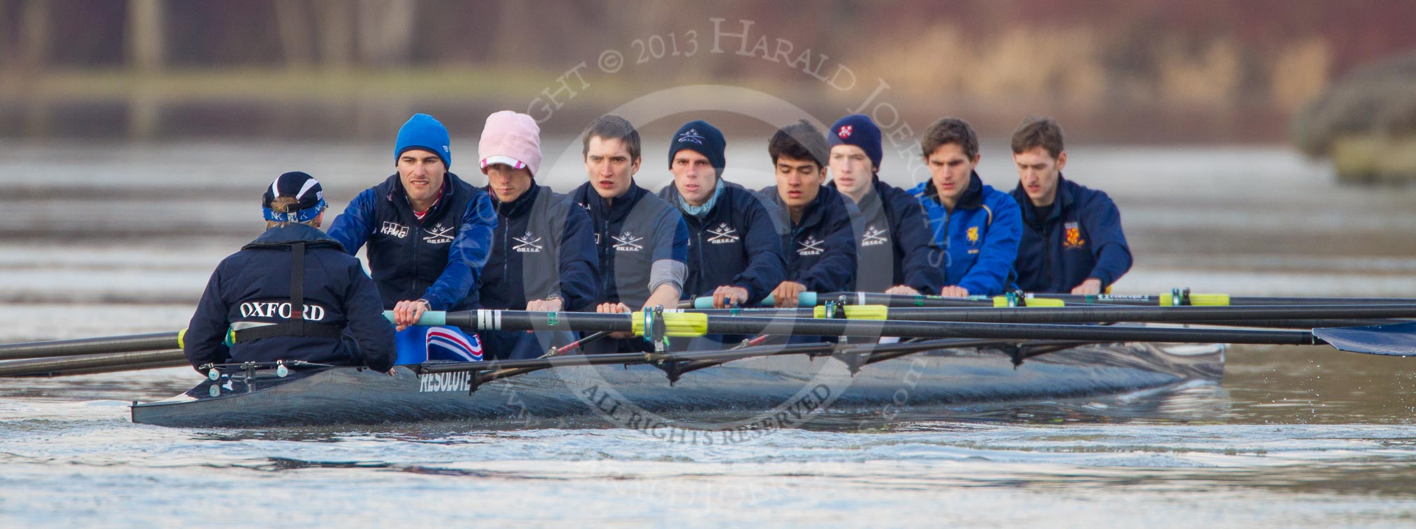 The Boat Race season 2013 - CUWBC training: The OULRC boat - cox Christian Proctor, stroke Max Dillon, 7 Andrew Sayce, 6 Benjamin Walpole, 5 Jasper Warner, 4 Frederick Foster, 3 Keir Macdonald, 2 Benjamin Bronselaer and bow James Kirkbride..
River Thames near Remenham,
Henley-on-Thames,
Oxfordshire,
United Kingdom,
on 19 March 2013 at 16:03, image #106