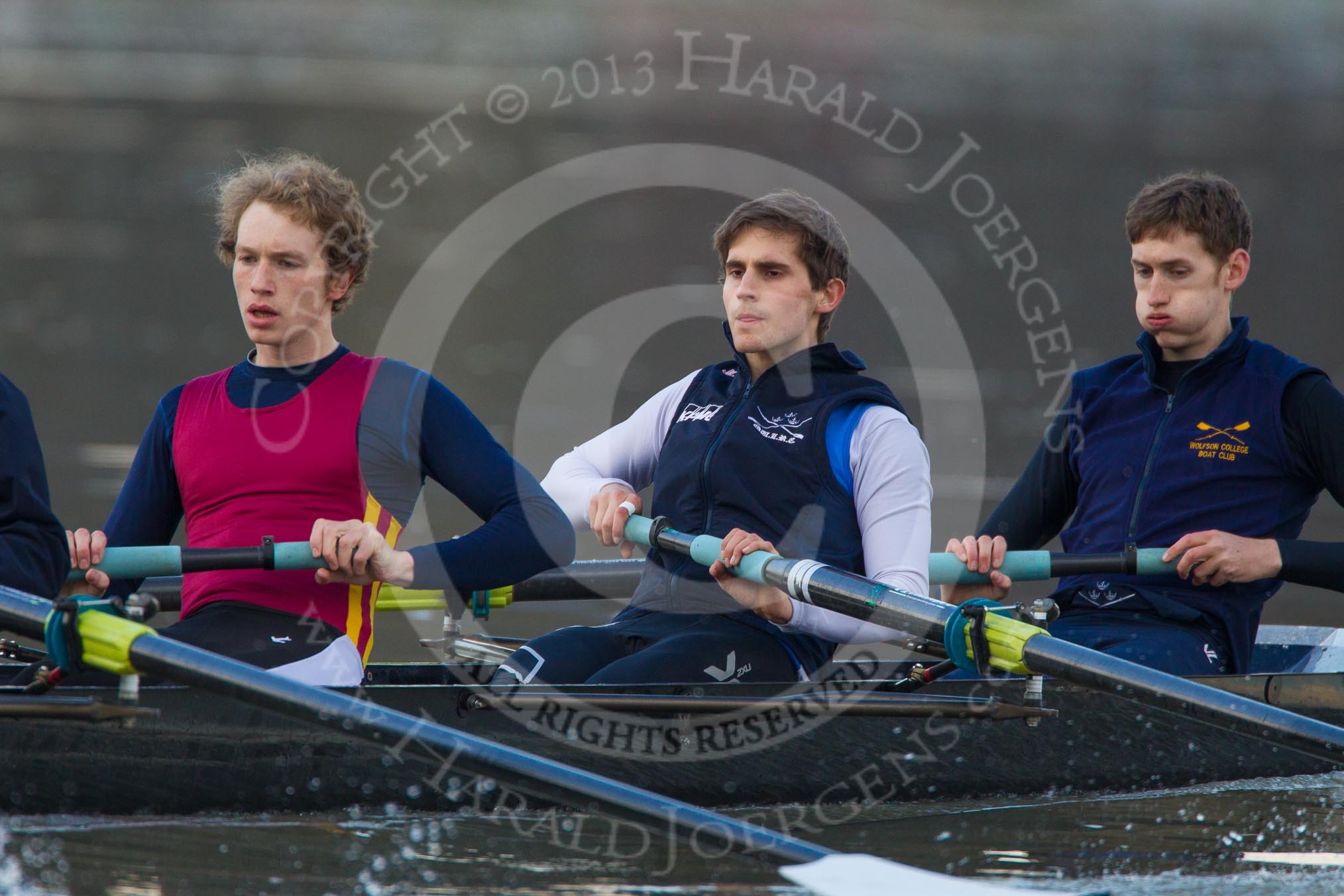 The Boat Race season 2013 - CUWBC training: The OULRC boat - 3 seat Keir Macdonald, 2 Benjamin Bronselaer and bow James Kirkbride..
River Thames near Remenham,
Henley-on-Thames,
Oxfordshire,
United Kingdom,
on 19 March 2013 at 16:29, image #137