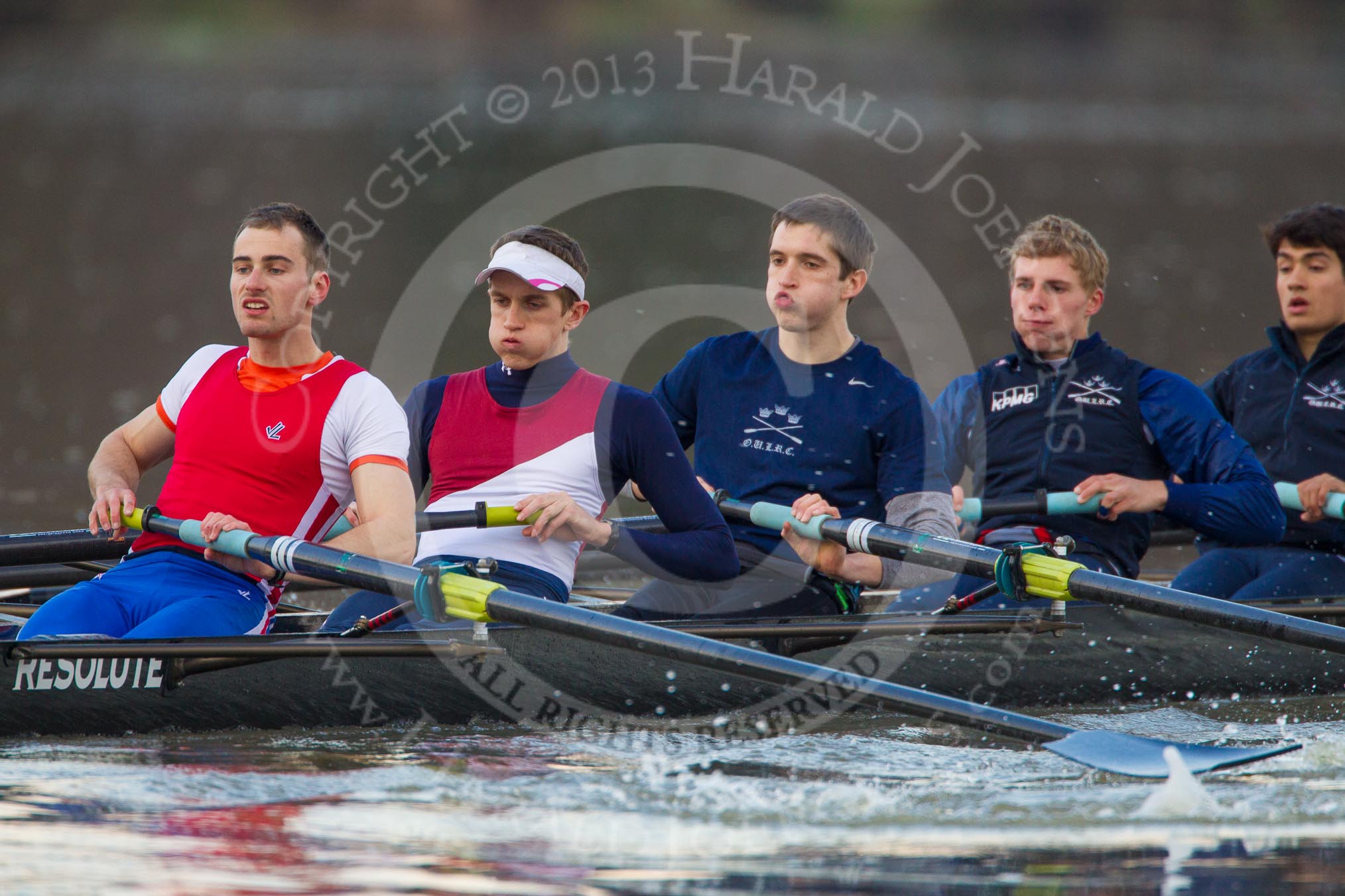 The Boat Race season 2013 - CUWBC training: The OULRC boat - stroke Max Dillon, 7 Andrew Sayce, 6 Benjamin Walpole, 5 Jasper Warner and 4 Frederick Foster..
River Thames near Remenham,
Henley-on-Thames,
Oxfordshire,
United Kingdom,
on 19 March 2013 at 16:29, image #140