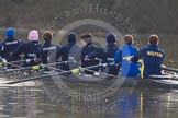The Boat Race season 2013 - CUWBC training: The OULRC boat approaching Temple Island -stroke Max Dillon, 7 Andrew Sayce, 6 Benjamin Walpole, 5 Jasper Warner, 4 Frederick Foster, 3 Keir Macdonald, 2 Benjamin Bronselaer and bow James Kirkbride..
River Thames near Remenham,
Henley-on-Thames,
Oxfordshire,
United Kingdom,
on 19 March 2013 at 16:02, image #94