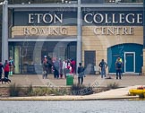 The first crew getting ready for racing in front of the Eton Dorney boathouse.