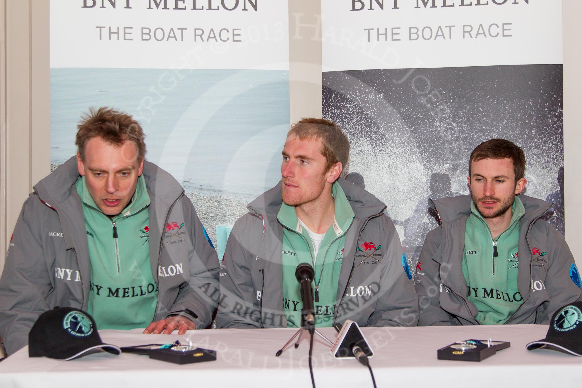 The Boat Race season 2013 -  Tideway Week (Friday) and press conferences: At the CUBC press conference - Cambridge Head Coach Steve Trapmore, CUBC president George Nash, and Cambridge Blue Boat cox Henry Fieldman..
River Thames,
London SW15,

United Kingdom,
on 29 March 2013 at 14:54, image #133
