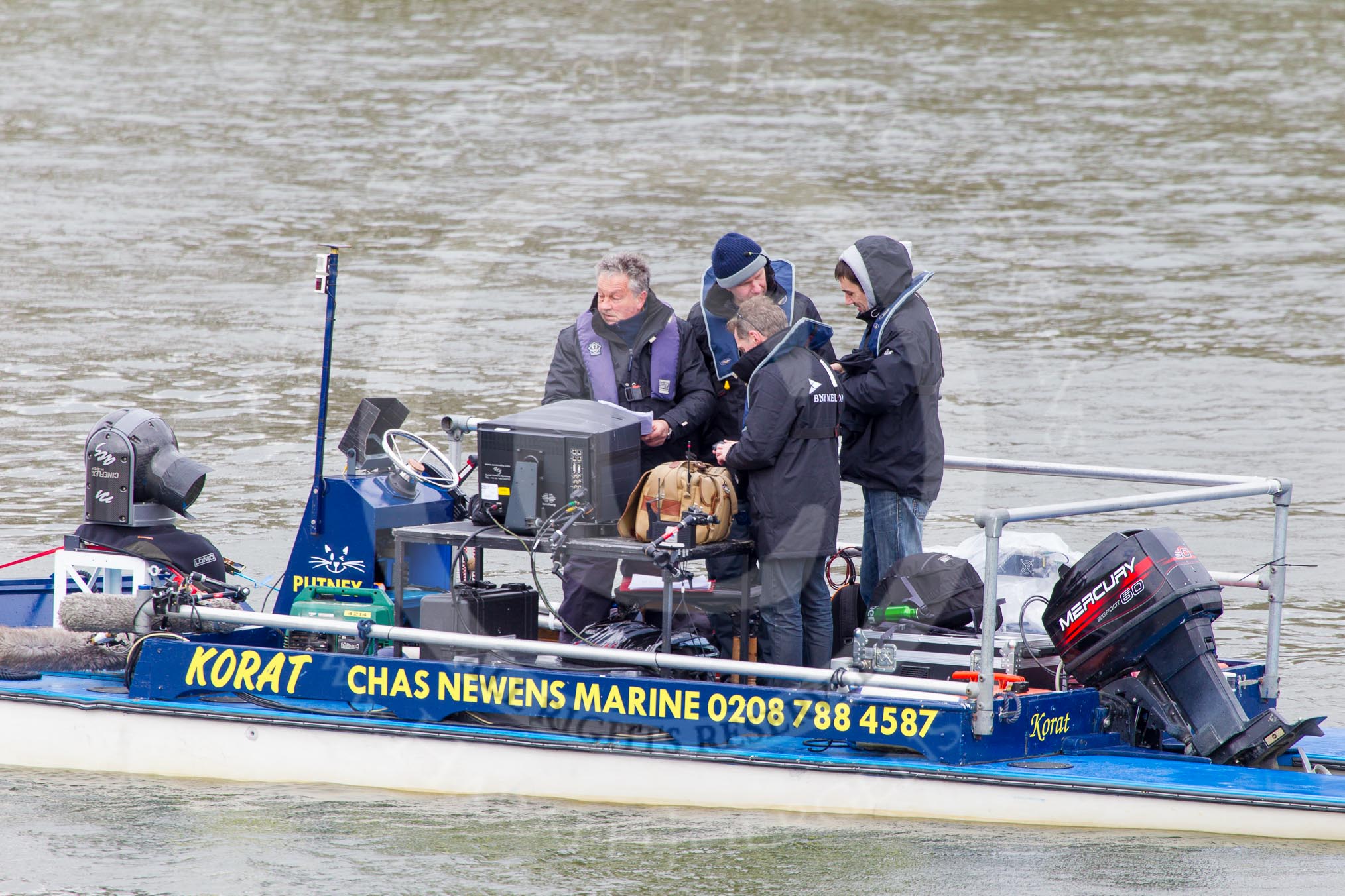 The Boat Race 2013: High Tech Cineflex camera equipment on one of the boats used by the BBC/SIS Live for their broadcast of the 2013 Boat Race..
Putney,
London SW15,

United Kingdom,
on 31 March 2013 at 12:55, image #56