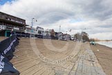 The Boat Race 2013: Barriers covered with logos of the Boat Race sponsor BNY Mellon, in the centre of the image a platform that will be used by the BBC for interviews and commentary..
Putney,
London SW15,

United Kingdom,
on 31 March 2013 at 11:12, image #9