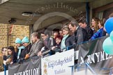 The Boat Race 2013: Spectators on the balcony of the King's College School boat house, the "home" of the Cambridge team during Tideway Week, minutes before the toss of the coin..
Putney,
London SW15,

United Kingdom,
on 31 March 2013 at 14:31, image #79