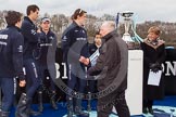 The Boat Race 2013: BBC Sport commentator Clare Balding having a chat with OUBC 6 seat Karl Hudspith before the "toss for stations" as the Blue Boat crews gather on both sides of the Boat Race Trophy..
Putney,
London SW15,

United Kingdom,
on 31 March 2013 at 14:44, image #90