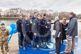 The Boat Race 2013: The Oxford Blue Boat crew with BBC Sport commentator and Boat Race umpire Sir Matthew Pinsent and the Boat Race Trophy at the "toss for stations"..
Putney,
London SW15,

United Kingdom,
on 31 March 2013 at 14:44, image #91