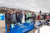 The Boat Race 2013: Moments before the "toss for stations" for the 2013 Boat Race, the Oxford and Cambridge crews standing next to the Boat Race Trophy with BBC Sport commentator Clare Balding and Boat Race umpire Sir Matthew Pinsent..
Putney,
London SW15,

United Kingdom,
on 31 March 2013 at 14:45, image #93